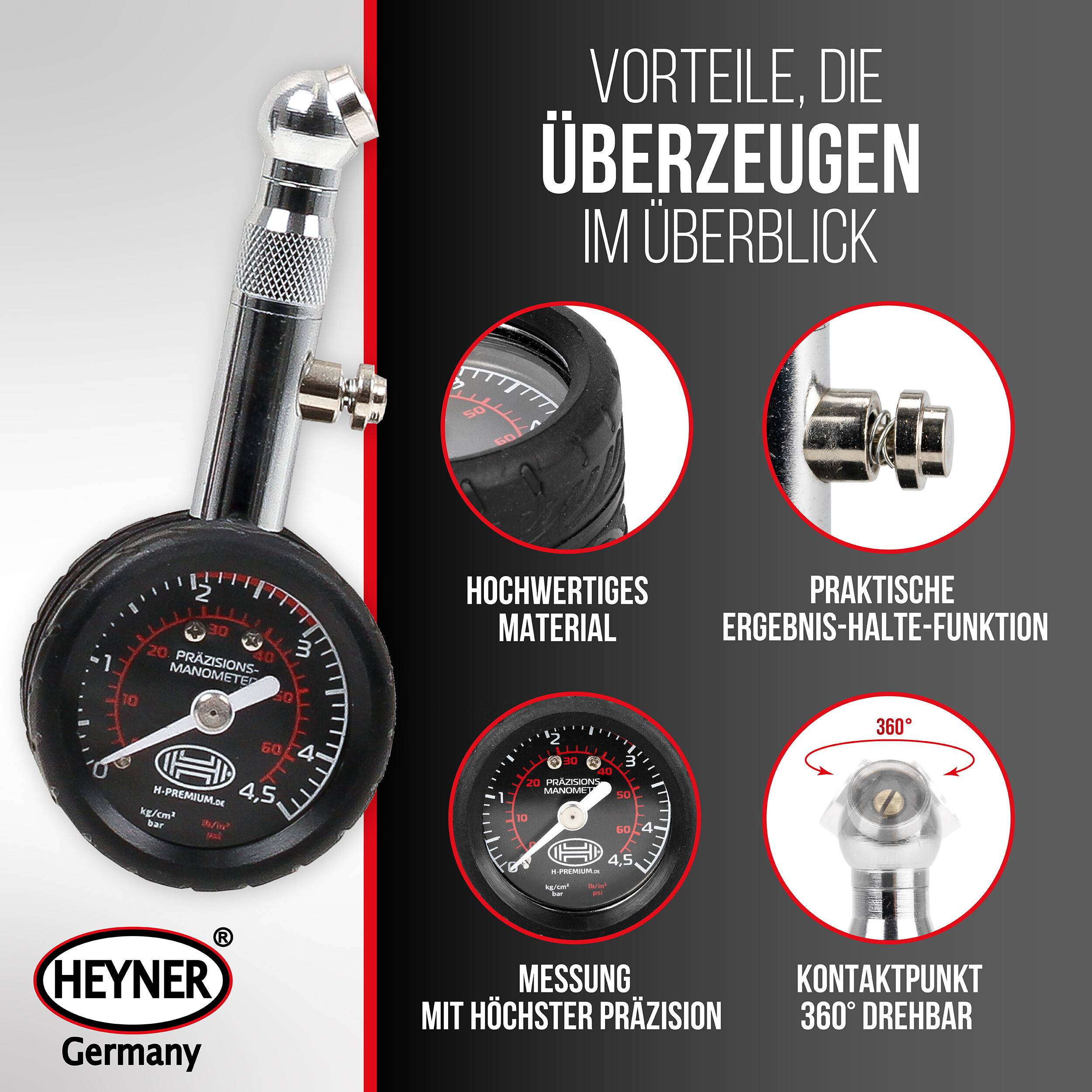 Werbegrafik eines Heyner-Reifendruckmessers mit vier Funktionsmerkmalen: hochwertige Materialien, Ergebniashaltungsfunktion, genaue Messung und 360° drehbarer Kontaktpunkt.