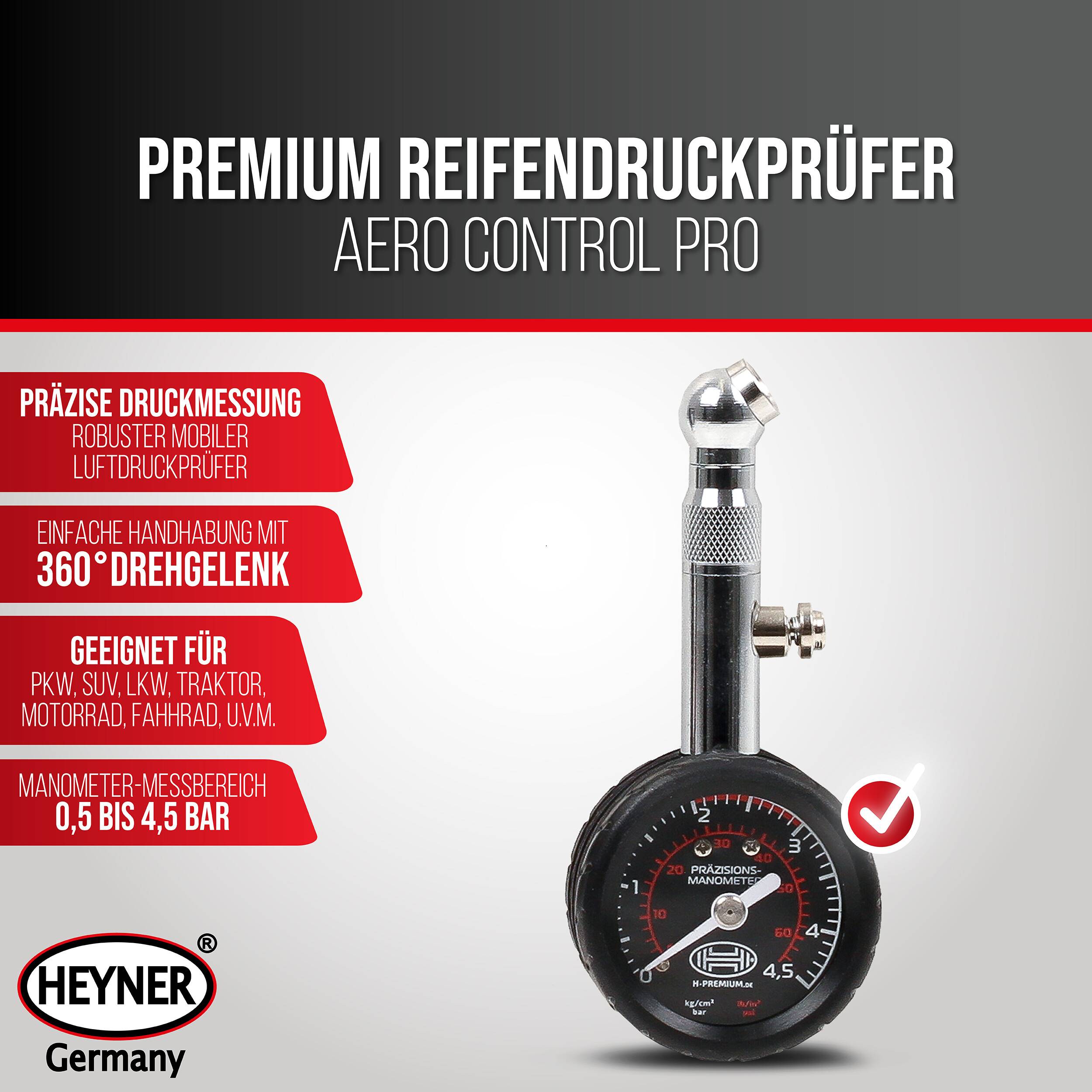 HEYNER® Reifendruckprüfer 4,5 bar, Manometer für Auto, Fahrrad & Motorrad mit Haltefunktion