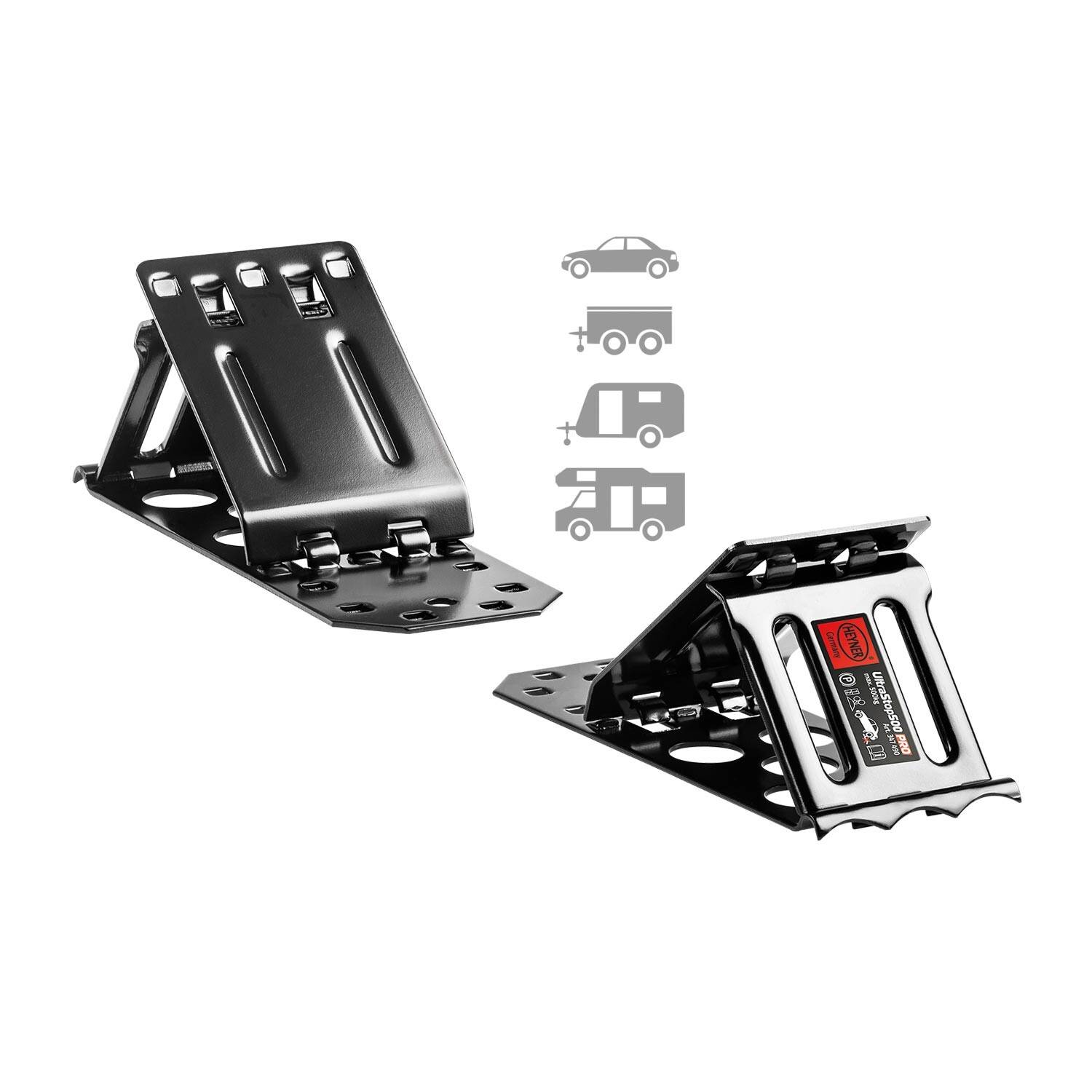 HEYNER® Unterlegkeile Auffahrkeile Metallkeil klappbare Keile 1 Paar (2 Stück) KFZ universal Wegroll-Stopp