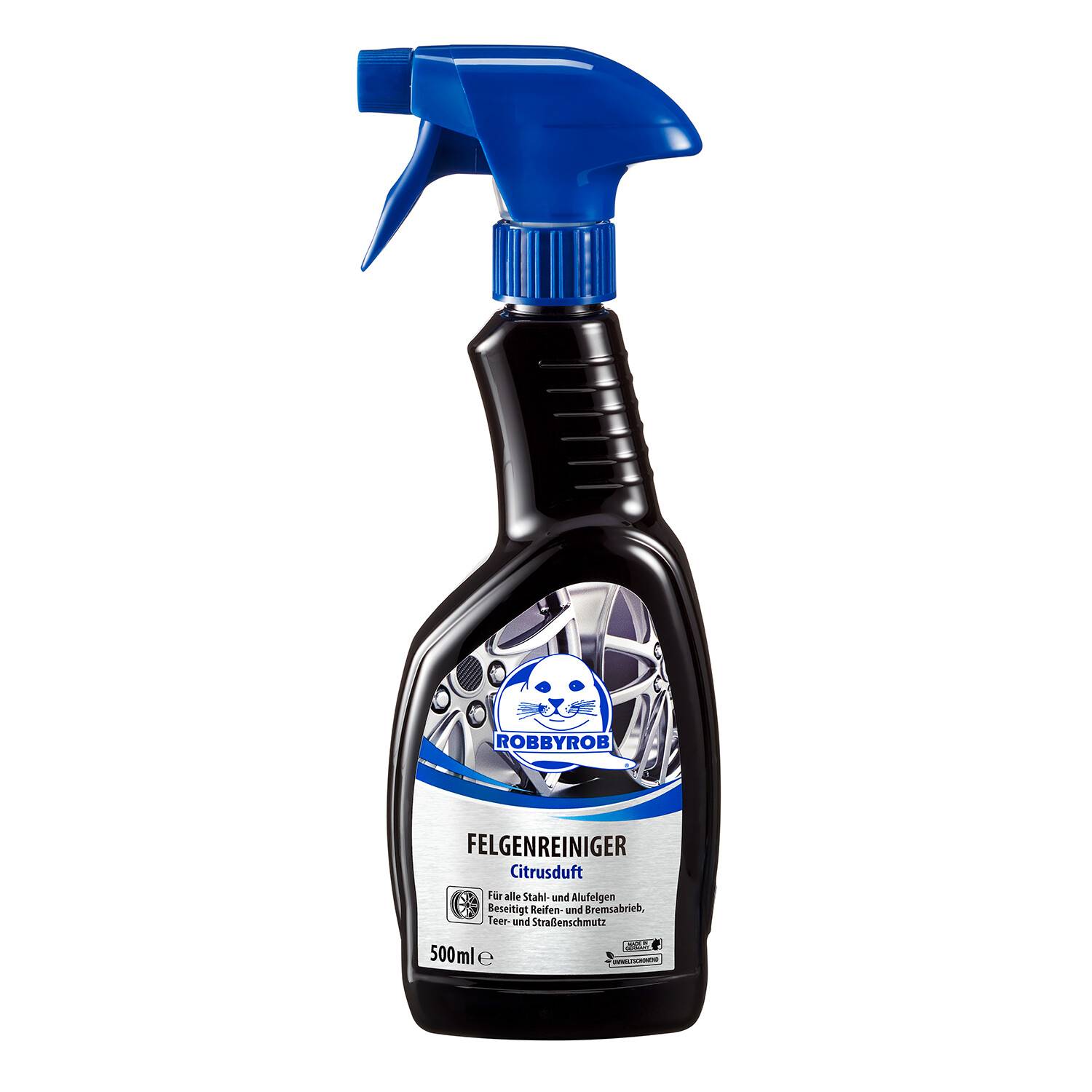 Schwarze Sprühflasche von ROBBYROB 'FELGENREINIGER' Zitrus-Felgenreiniger, 500 ml, auf weißem Hintergrund.