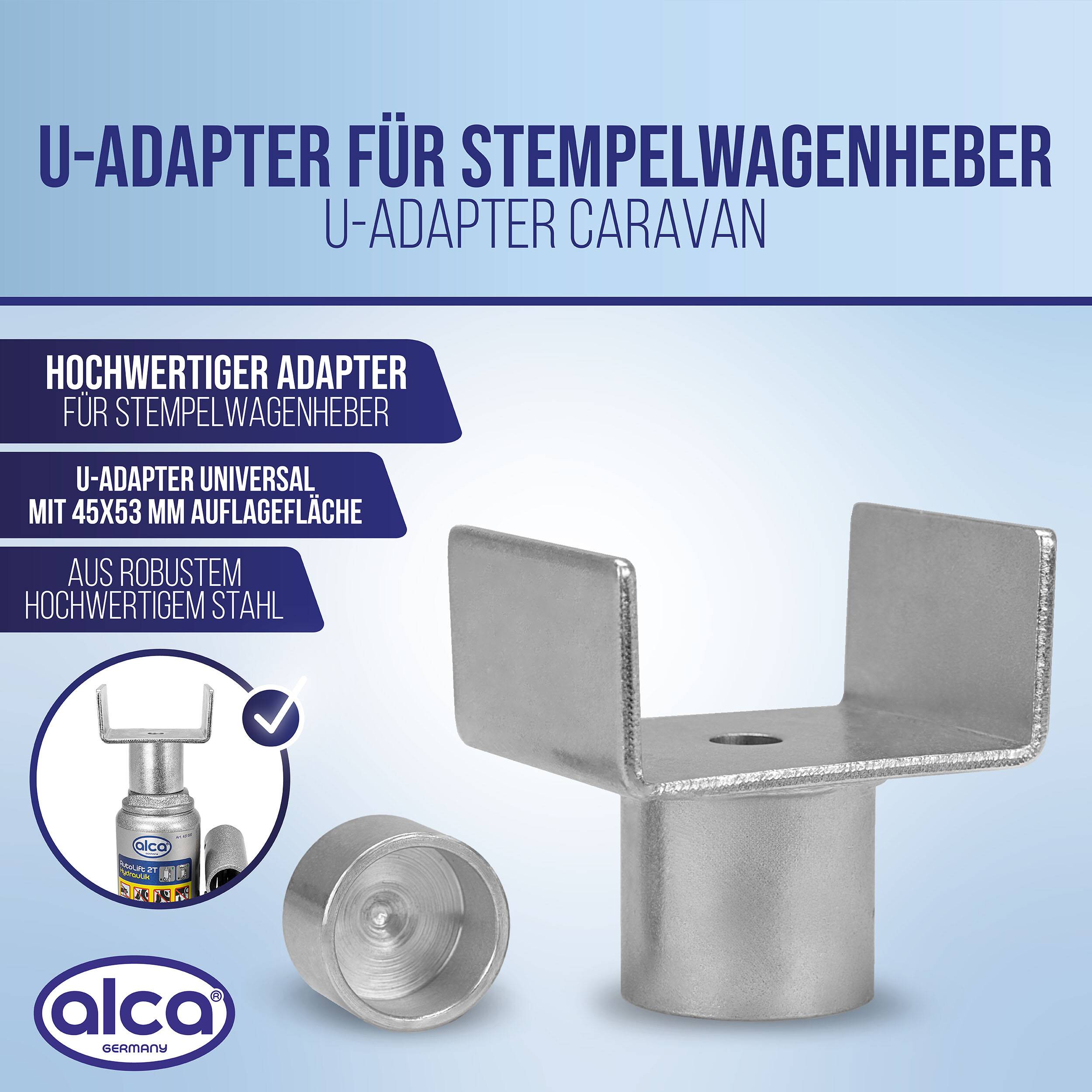 alca® U-Adapter für Stempelwagenheber – U-Form Zubehör für Caravan, Wohnwagen & Anhänger – Auflagefläche 45×53 mm – Ø