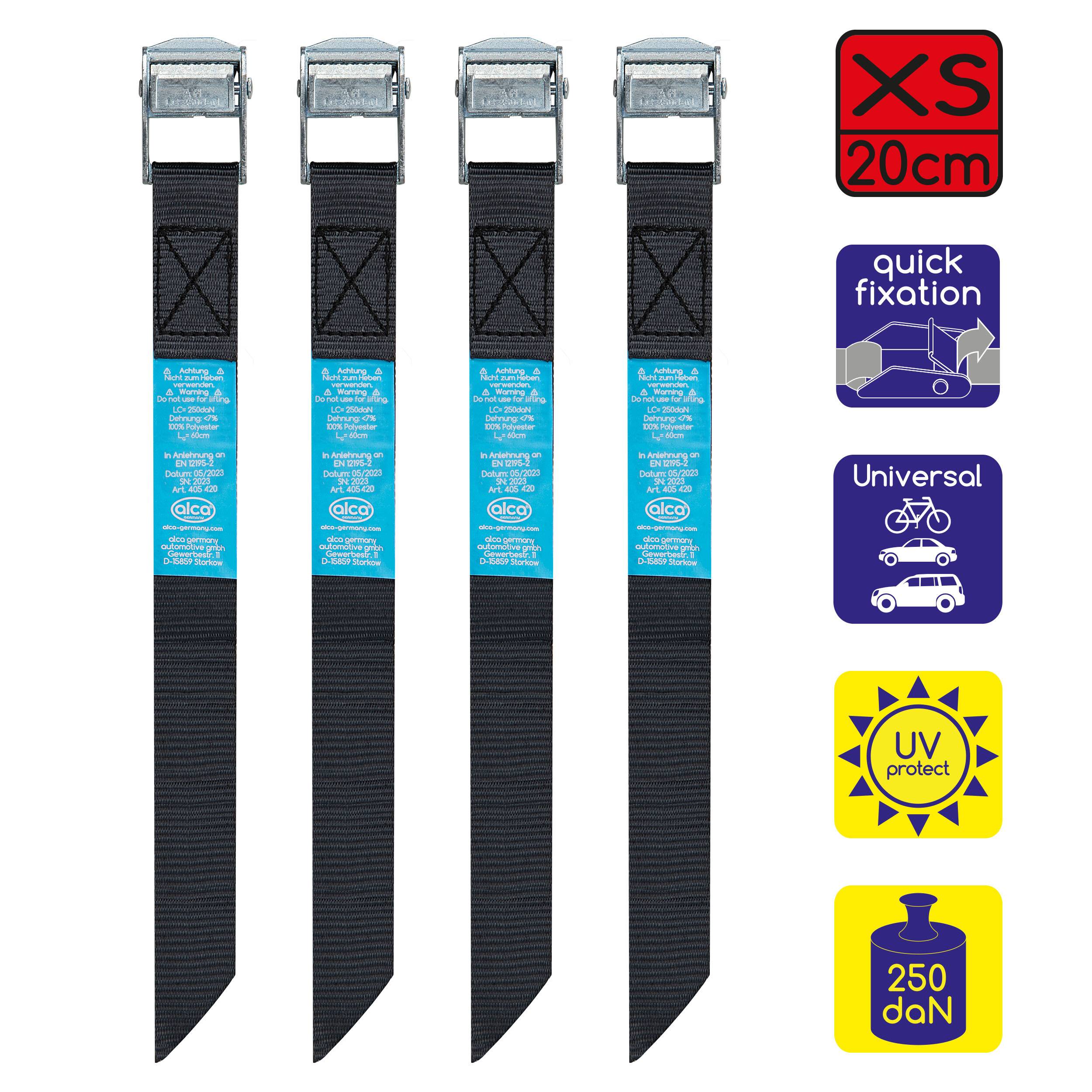 alca® Spanngurt Mini mit Klemmschloss 4 Stück, Länge 20cm, robuste Zurrgurte 25mm breit, mit Schnellverschluss, schwarz,