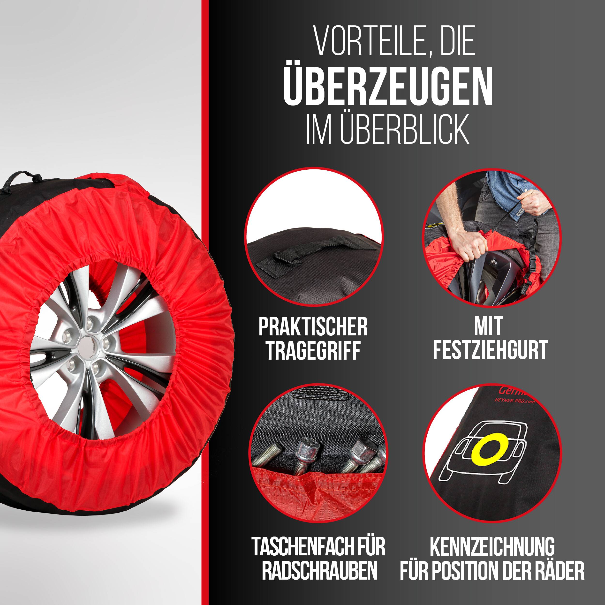Deutsches Produktinfografik zeigt eine rote Radaufbewahrungstasche mit Vorteilen: praktischer Tragegriff, Befestigungsriemen, Tasche für Radschrauben und Beschriftung der Radposition.