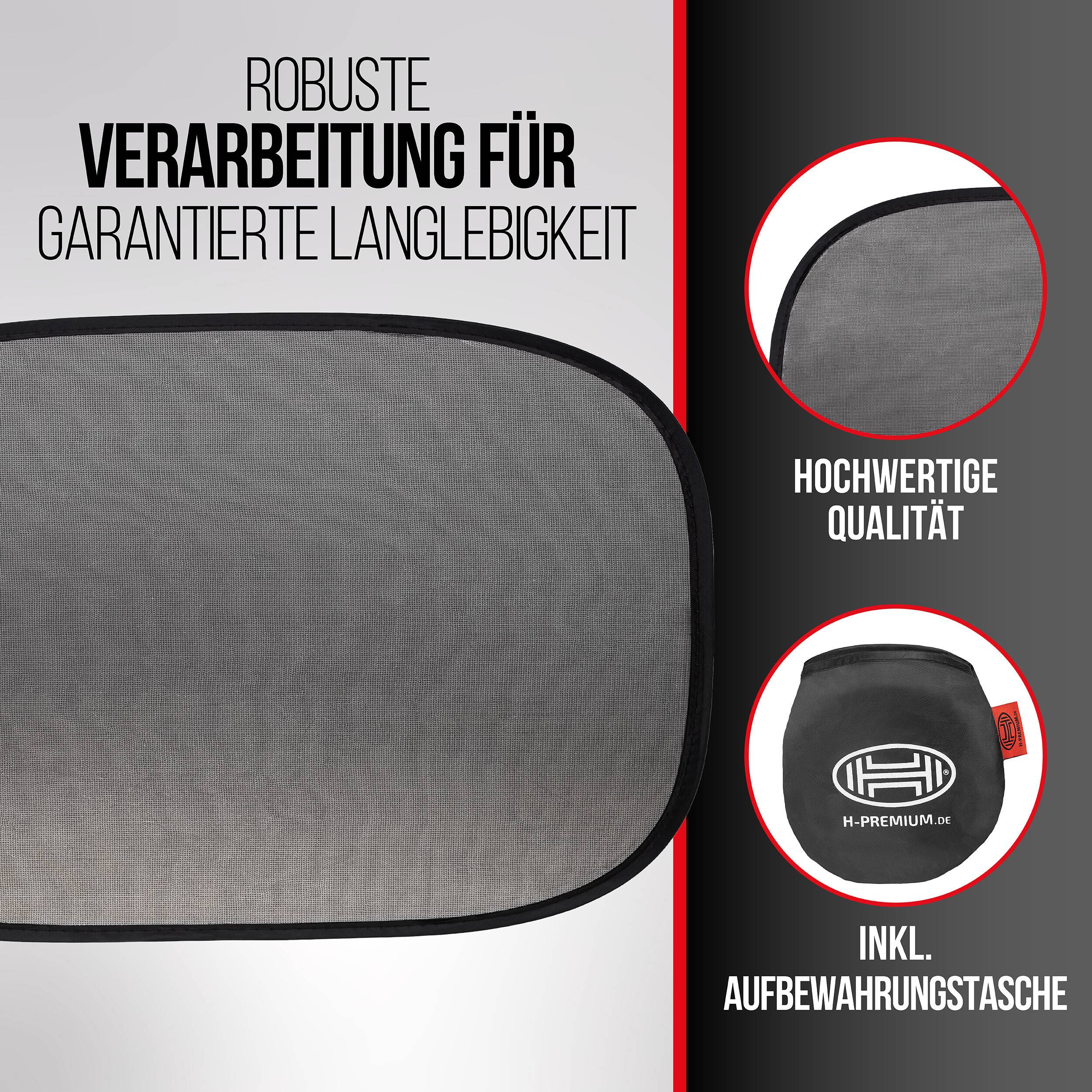 Grauer Sonnenschutzschirm mit Text „Robuste Verarbeitung für garantierte Langlebigkeit
