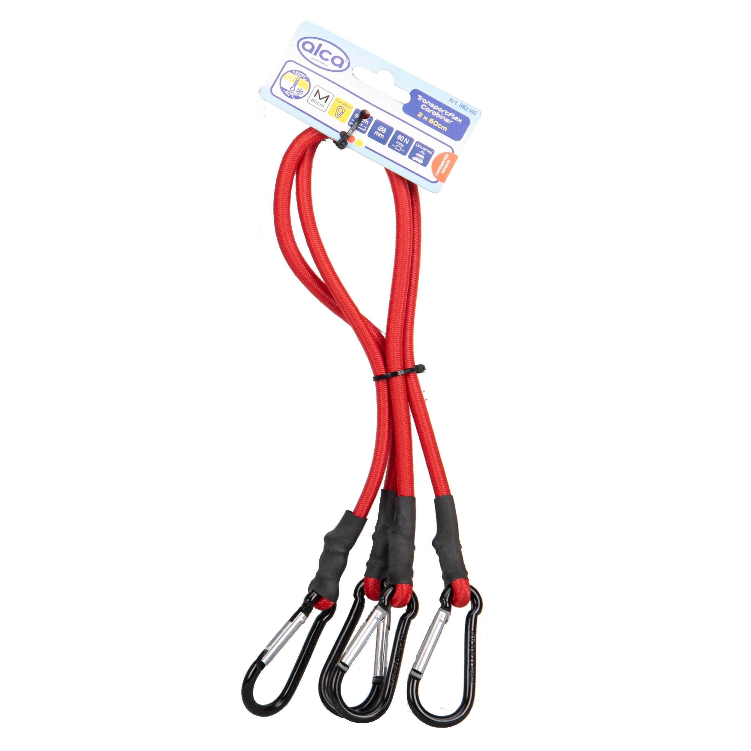 Ein rotes Bungee-Cord-Set mit drei angebrachten Karabinern, entworfen zum Sichern von Gegenständen an Ort und Stelle. Das Verpackungsetikett zeigt Produktinformationen an.