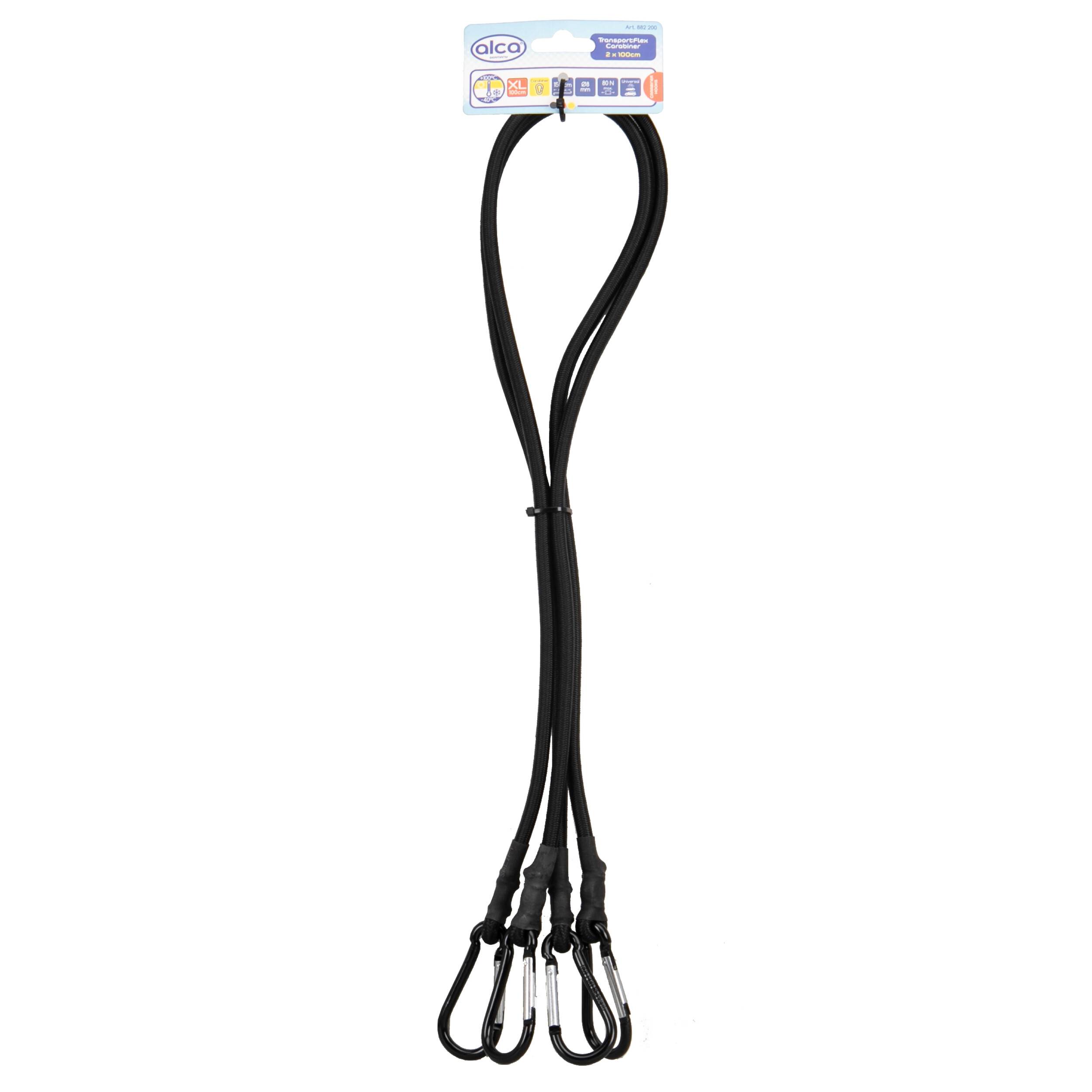 Ein schwarzes Bungee-Seil mit drei metallischen Haken, das zum Befestigen von Gegenständen verwendet wird, vor einem weißen Hintergrund angezeigt.