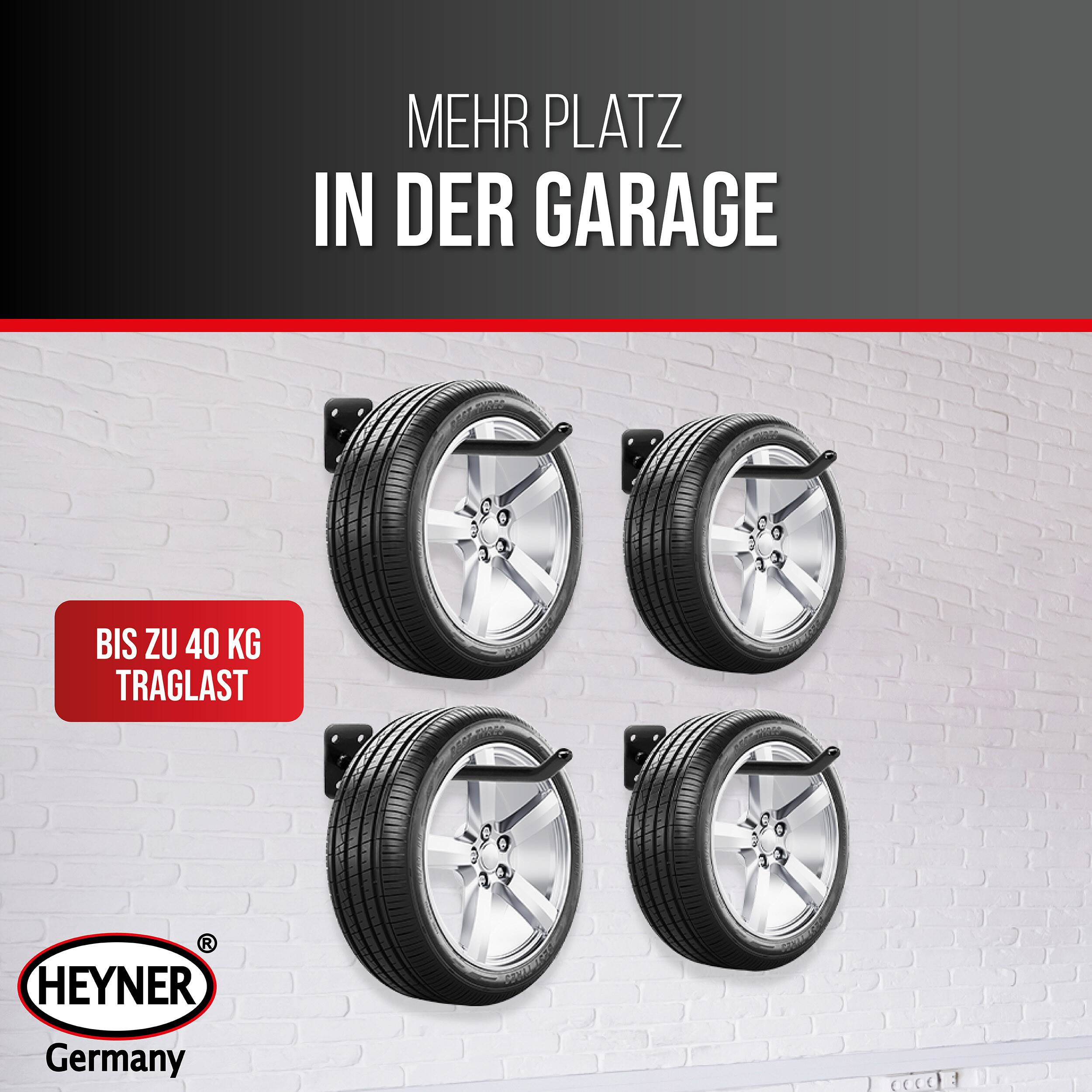 HEYNER® Reifenhalter Wandhalterung für Felgen aus massivem Stahl 4er Set<br> Inklusive 12 Sechskant-Expansionsschrauben,