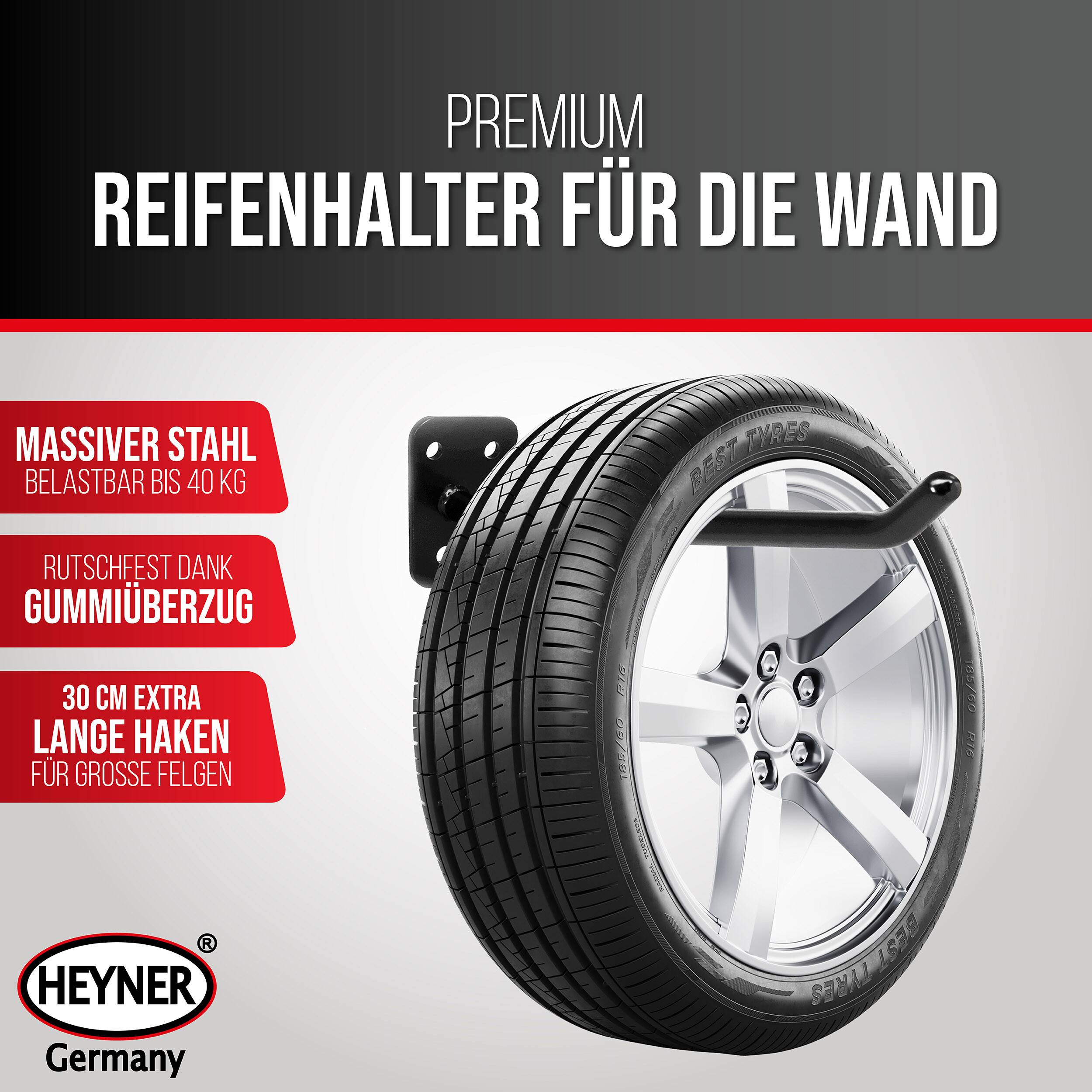 HEYNER® Reifenhalter Wandhalterung für Felgen aus massivem Stahl 4er Set<br> Inklusive 12 Sechskant-Expansionsschrauben,