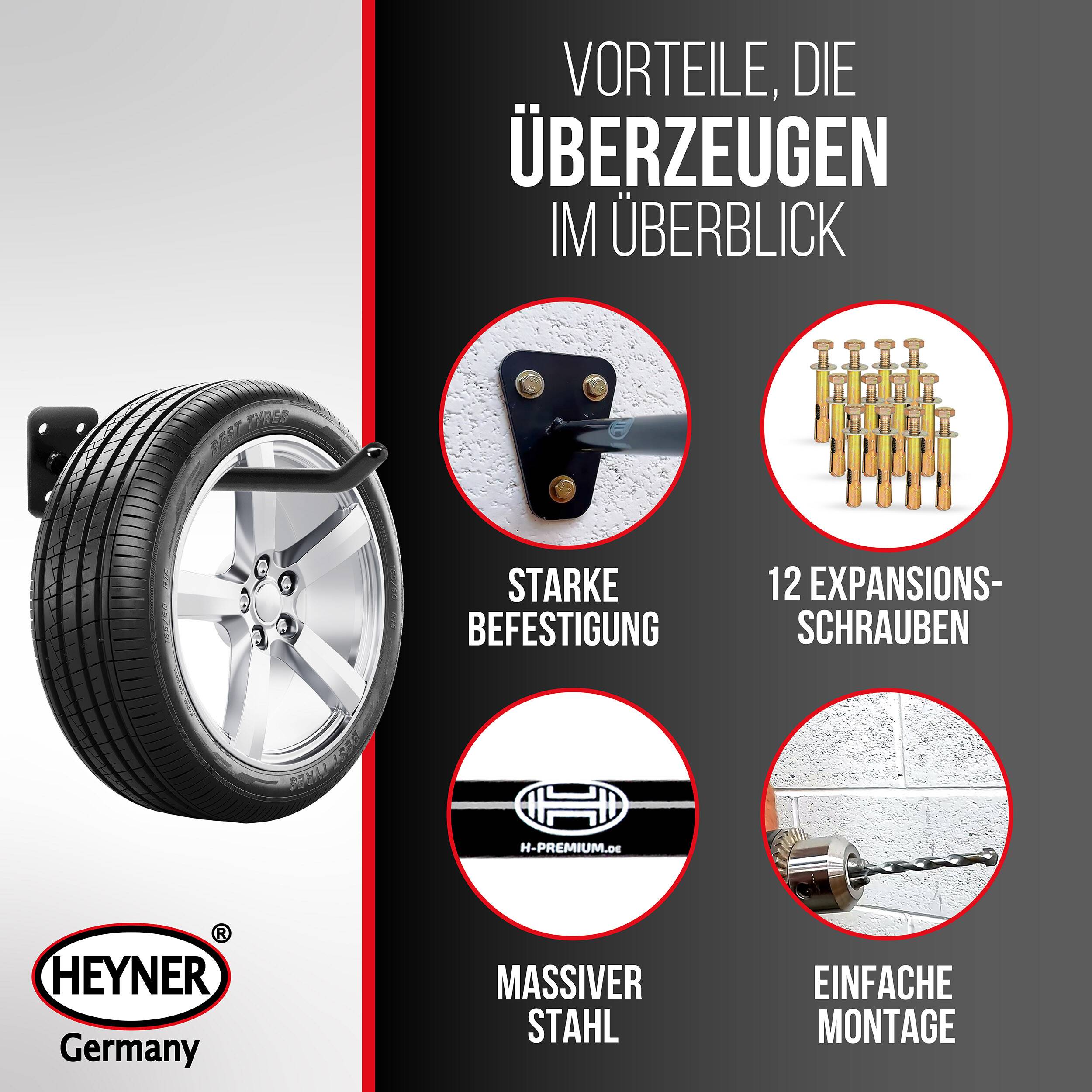 HEYNER® Reifenhalter Wandhalterung für Felgen aus massivem Stahl 4er Set<br> Inklusive 12 Sechskant-Expansionsschrauben,