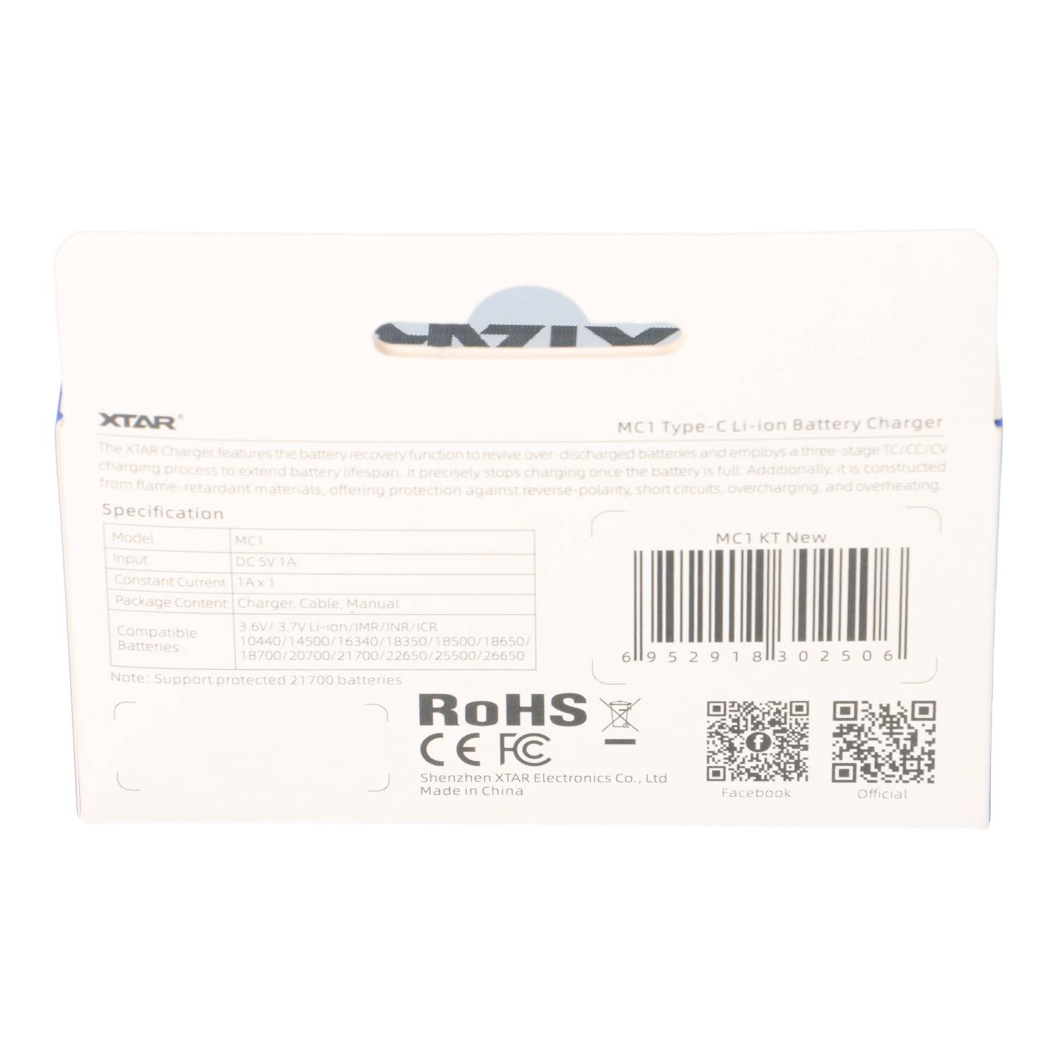 XTAR MC1 USB-C-Akkuladegerät 10440 über 18650 bis 26650 Li-Ion Zellen