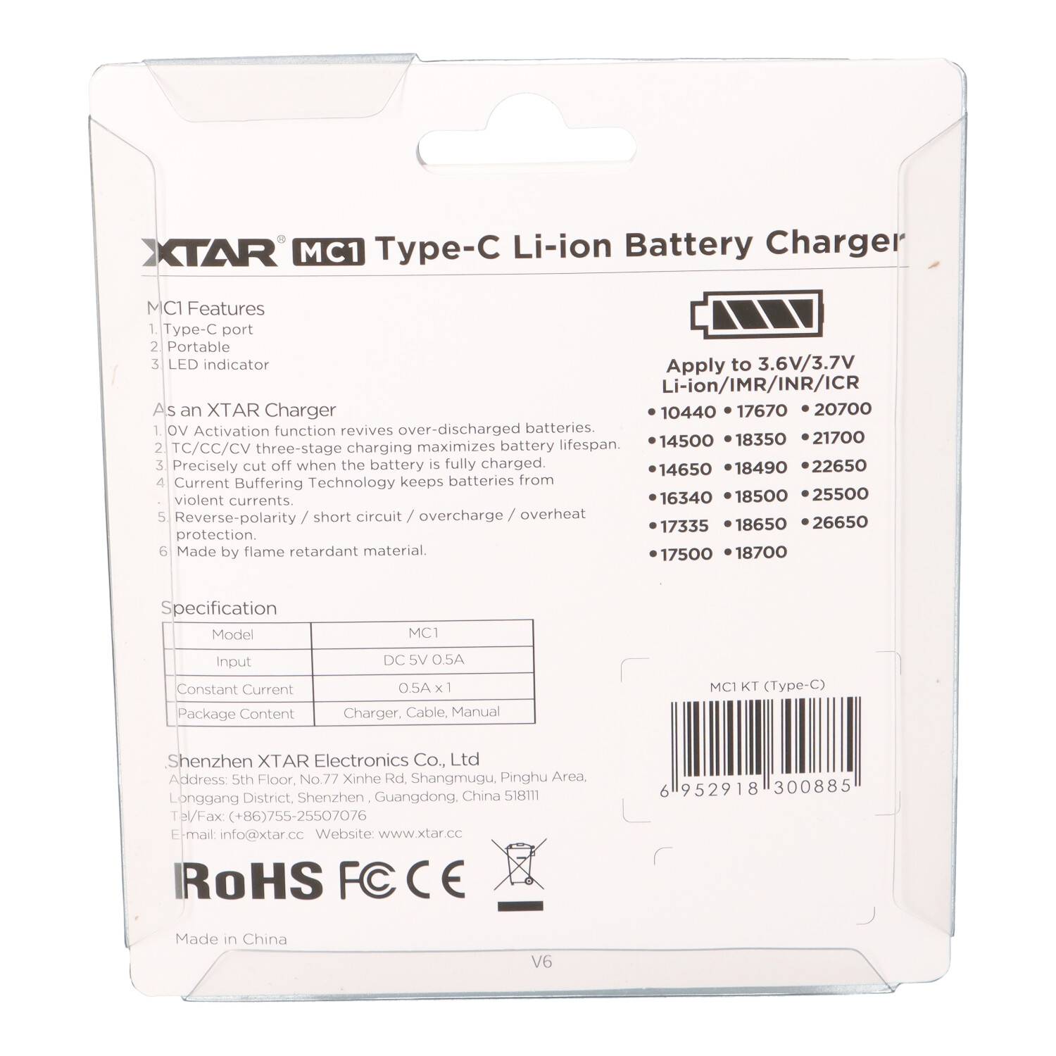 XTAR MC1 USB-C-Akkuladegerät 10440 über 18650 bis 26650 Li-Ion Zellen