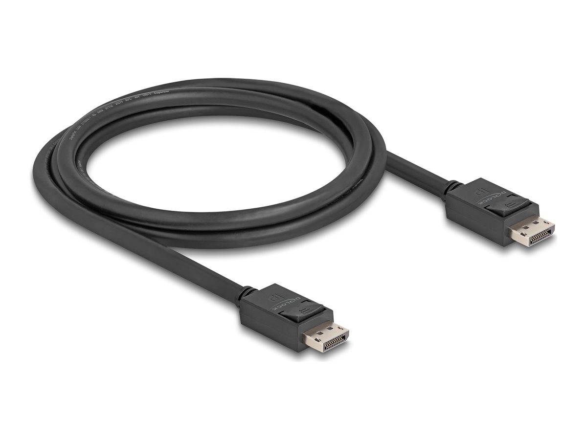 Schwarzes DisplayPort-Kabel aufgerollt auf weißem Hintergrund, mit Anschlüssen an beiden Enden.