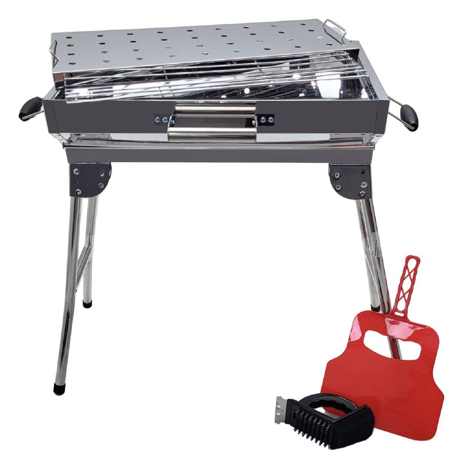 Mangal Iskander Edelstahl rostfrei Schaschlik Grill mit Grillrost Fächer Bürste