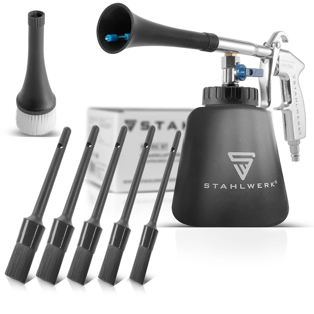 Stahlwerk Reinigungswerkzeugsatz mit Druckluftreinigungspistole und fünf austauschbaren Bürstendüsen, konzipiert für effiziente Staubentfernung.