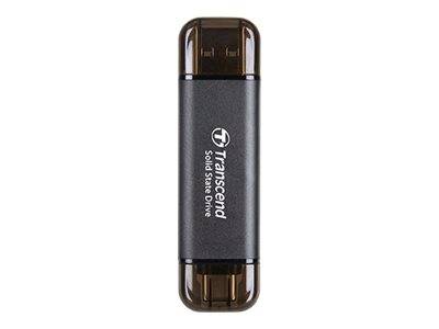 Transcend Solid-State-Laufwerk USB-Speicherstick mit dunkelroter durchscheinender Kappe und Gehäuse auf weißem Hintergrund.