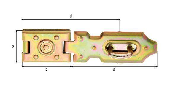 Metallriegel mit einem Gleitverfahren, beschriftet mit den Abmessungen 'a', 'c' und 'd'. Verwendet zum Sichern oder Befestigen von Objekten.
