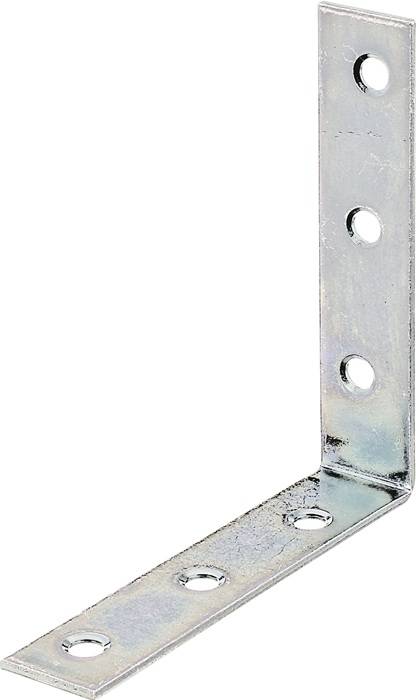 Ein Metallwinkel in L-Form mit drei Löchern auf jeder Seite, der zur Abstützung oder Verstärkung bei Bau- oder Montageprojekten verwendet wird.