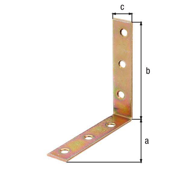 L-förmige Metallhalterung mit beschrifteten Abmessungen 'a', 'b' und 'c', die Löcher für Schrauben zeigt.