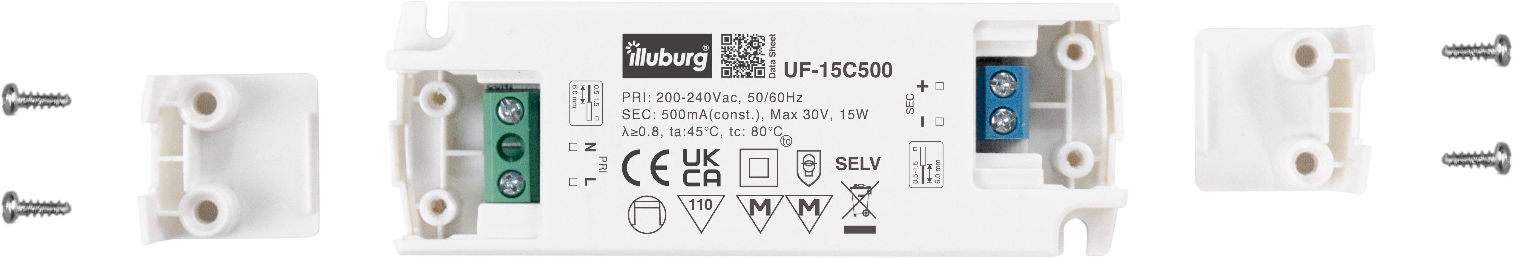 illuburg UF-15C500 LED-Trafo 500 mA Konstantstrom 15 W 15 - 30 V/DC flackerfrei nicht dimmbar