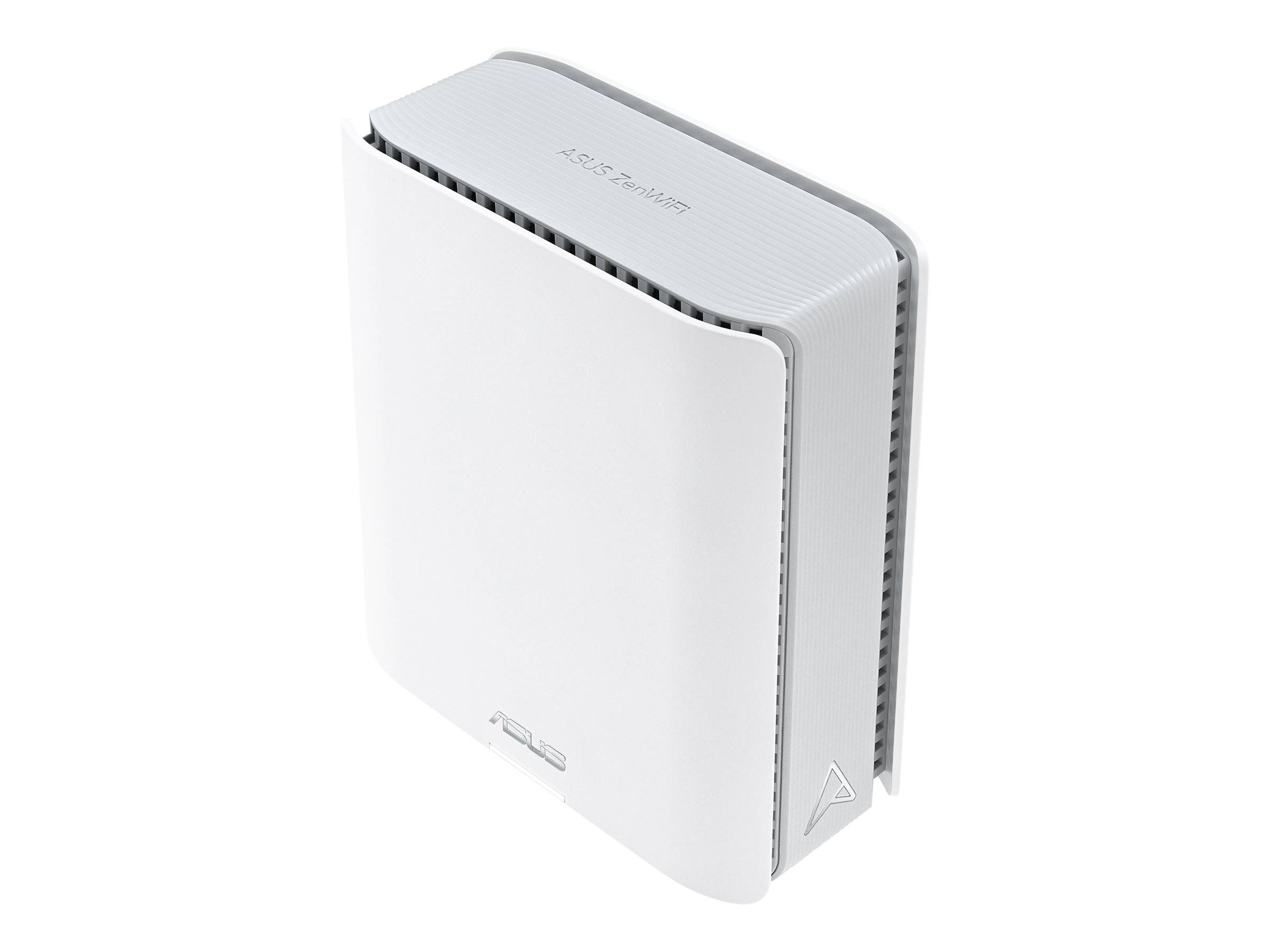 Weißes ASUS-Netzwerkgerät, ein kompakter vertikaler Router/Modem mit belüfteten Seiten auf einem einfachen Hintergrund.