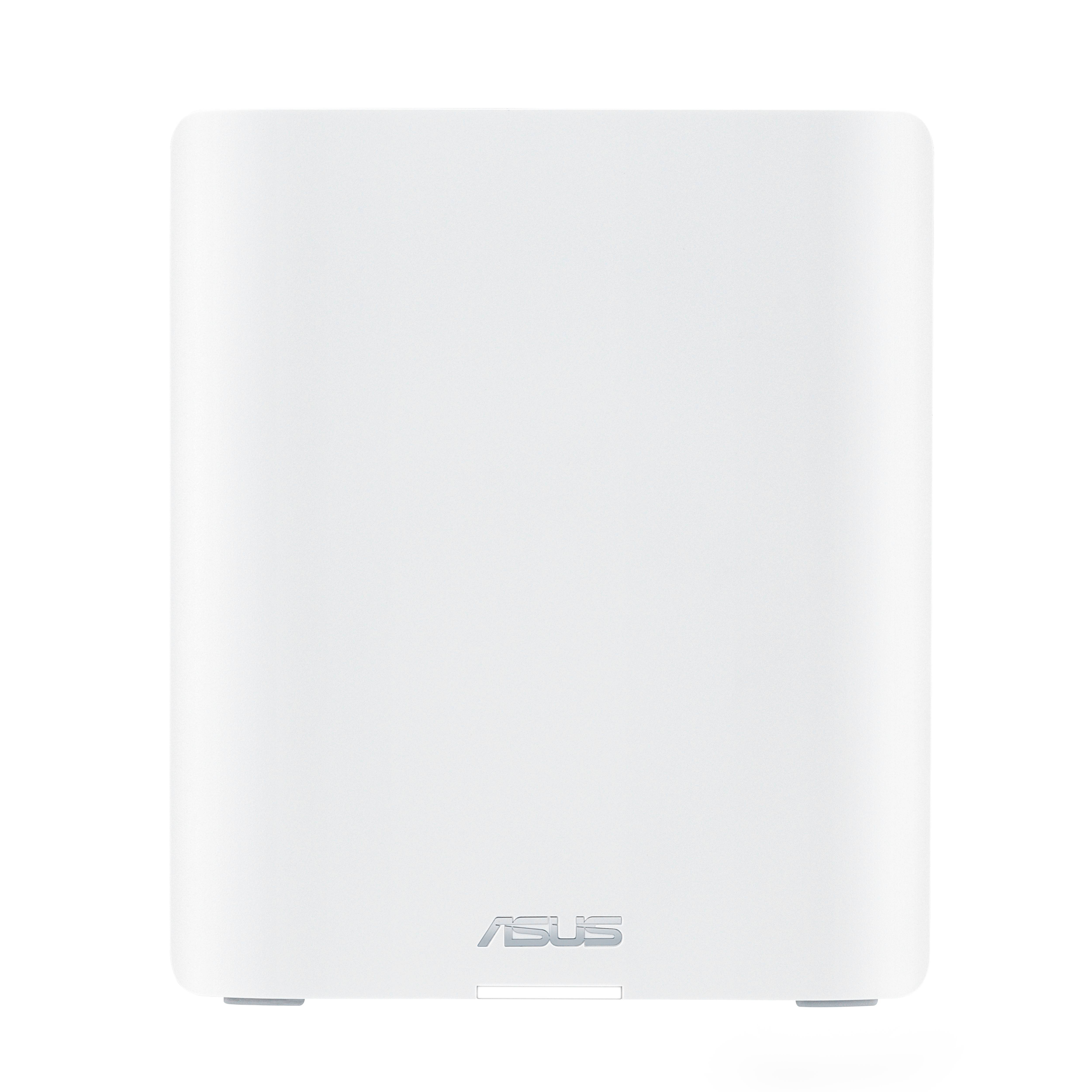 Weißer ASUS-Router oder Modem mit schlicht gestalteter Frontplatte, vor schwarzem Hintergrund dargestellt.