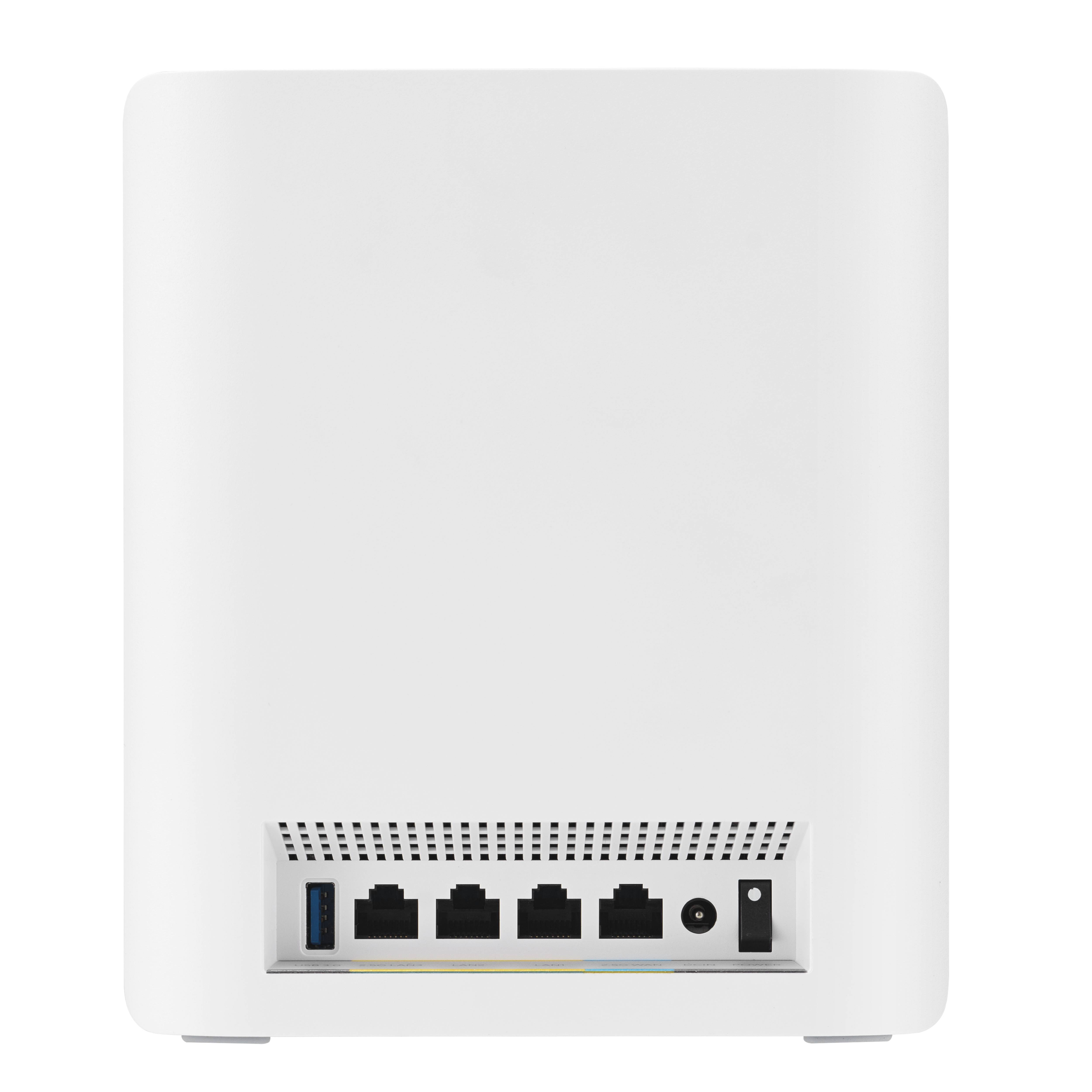 Weißer Netzwerkrouter/Modem mit vier Ethernet-Anschlüssen, einem USB-Anschluss und einem Stromschalter, Vorderansicht auf schwarzem Hintergrund dargestellt.