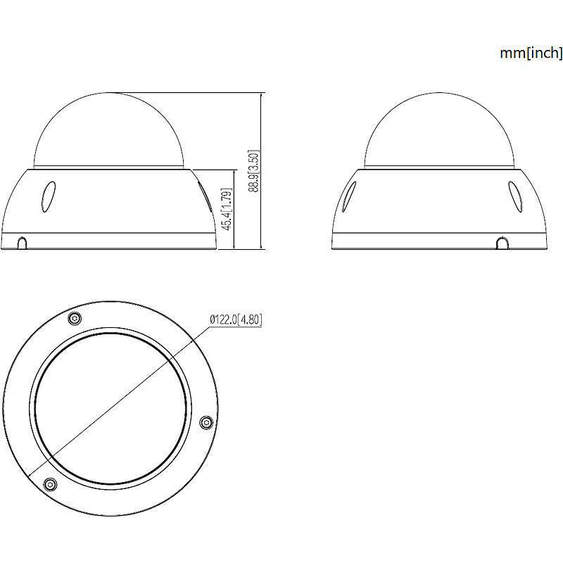 Technische Zeichnung einer Kuppelkamera mit verschiedenen Ansichten und Abmessungen in Millimetern und Zoll.