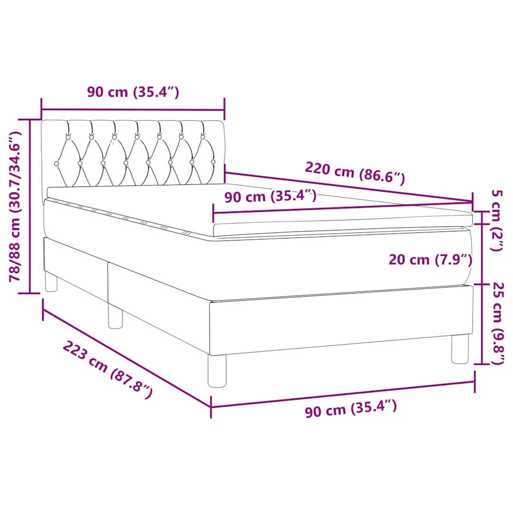 vidaXL Boxspringbett mit Matratze Hellgrau 90x220 cm Samt