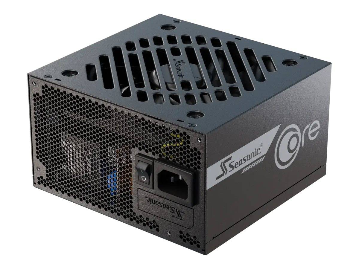 Schwarzes Seasonic Core Computer-Netzteil mit belüfteter Oberseite, Schalter an der Vorderseite und AC-Eingangsbuchse.