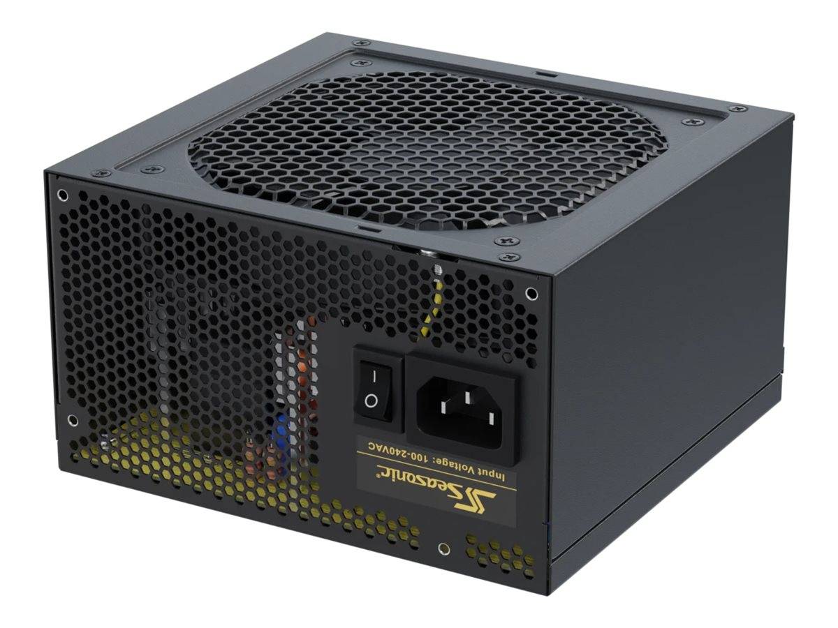 Schwarze Stromversorgungseinheit für Computer mit Lüftungsgitter, Stromstecker und Ein-/Ausschalter auf weißem Hintergrund.