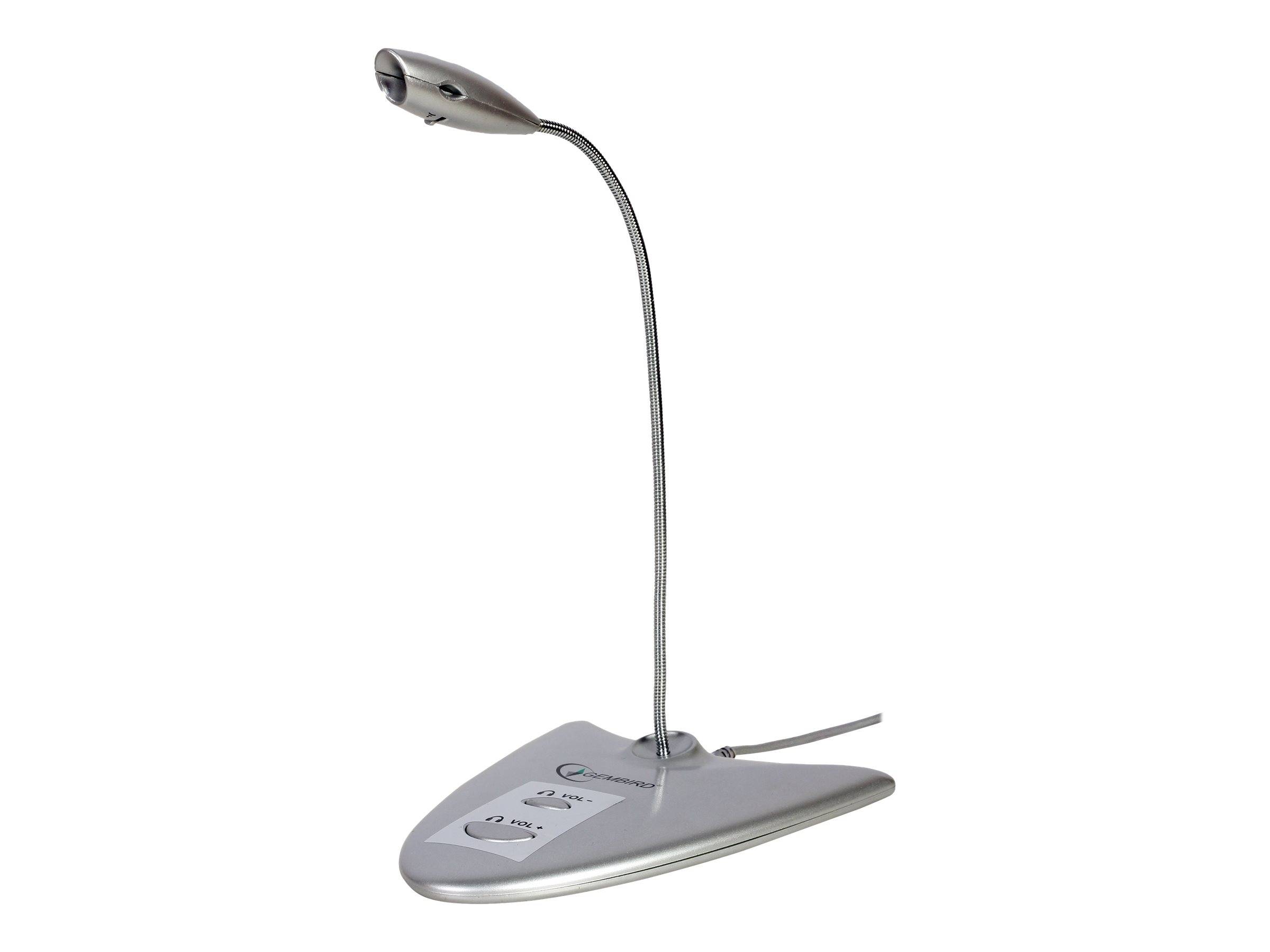 Eine silberne Schreibtischlampe mit einem flexiblen Hals und einer geschwungenen Basis, geeignet zum Ausrichten des Lichts auf einen bestimmten Bereich.