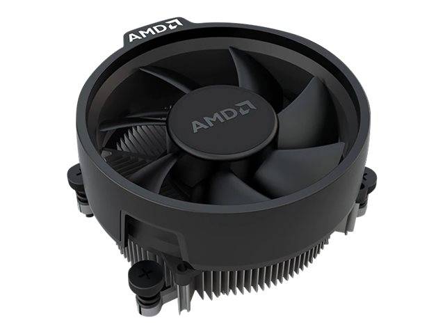 Schwarze AMD-Aktien-CPU-Kühler mit Lüfter und Kühlkörper, von oben auf weißem Hintergrund dargestellt.