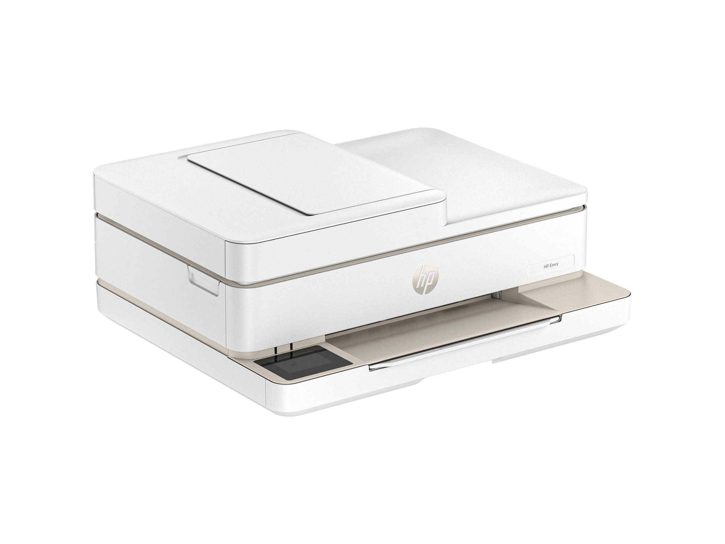 Ein schlanker weißer Drucker mit HP-Logo, ausgestattet mit einem Flachbettscanner oben und einem Ausgabefach darunter, konzipiert für Büro- oder Heimgebrauch.