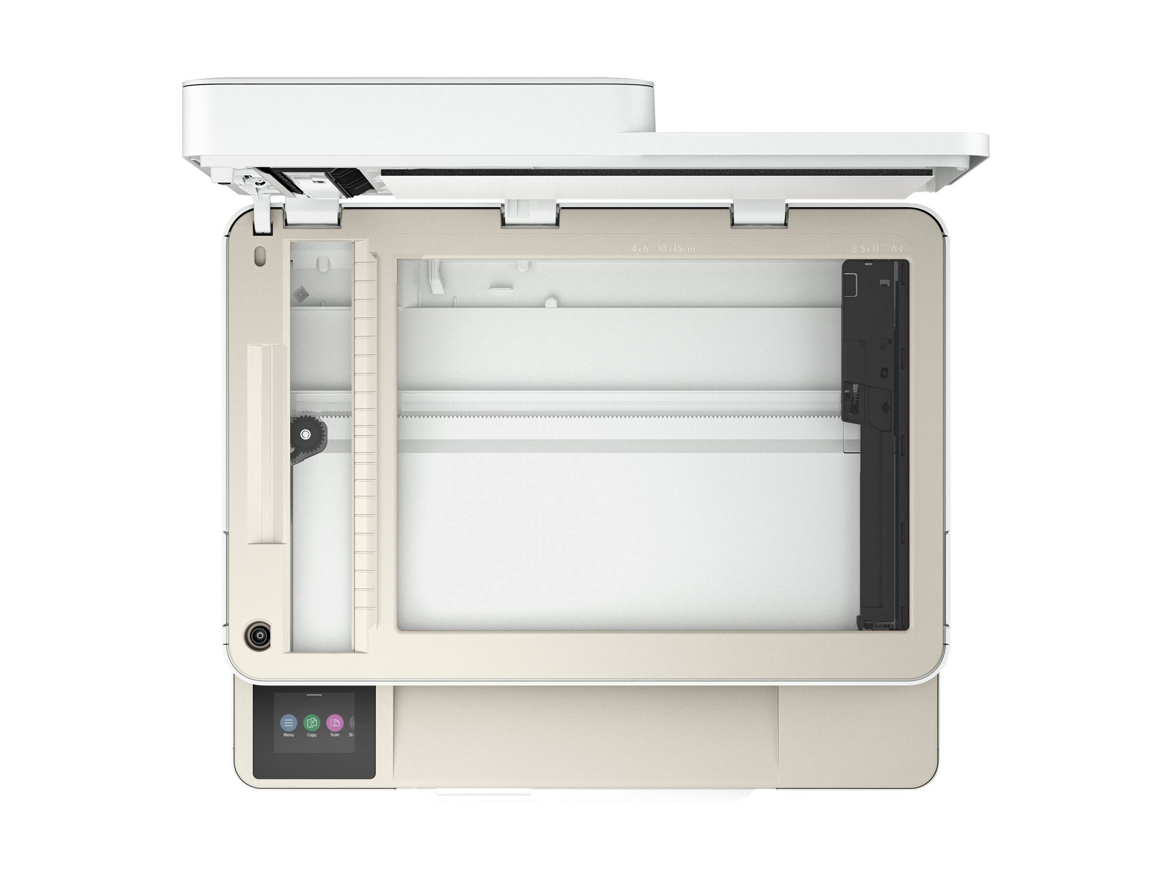 Das Bild zeigt eine Draufsicht eines Photokopierers mit geöffnetem Deckel, der das Scannglas und das Bedienfeld freigibt.