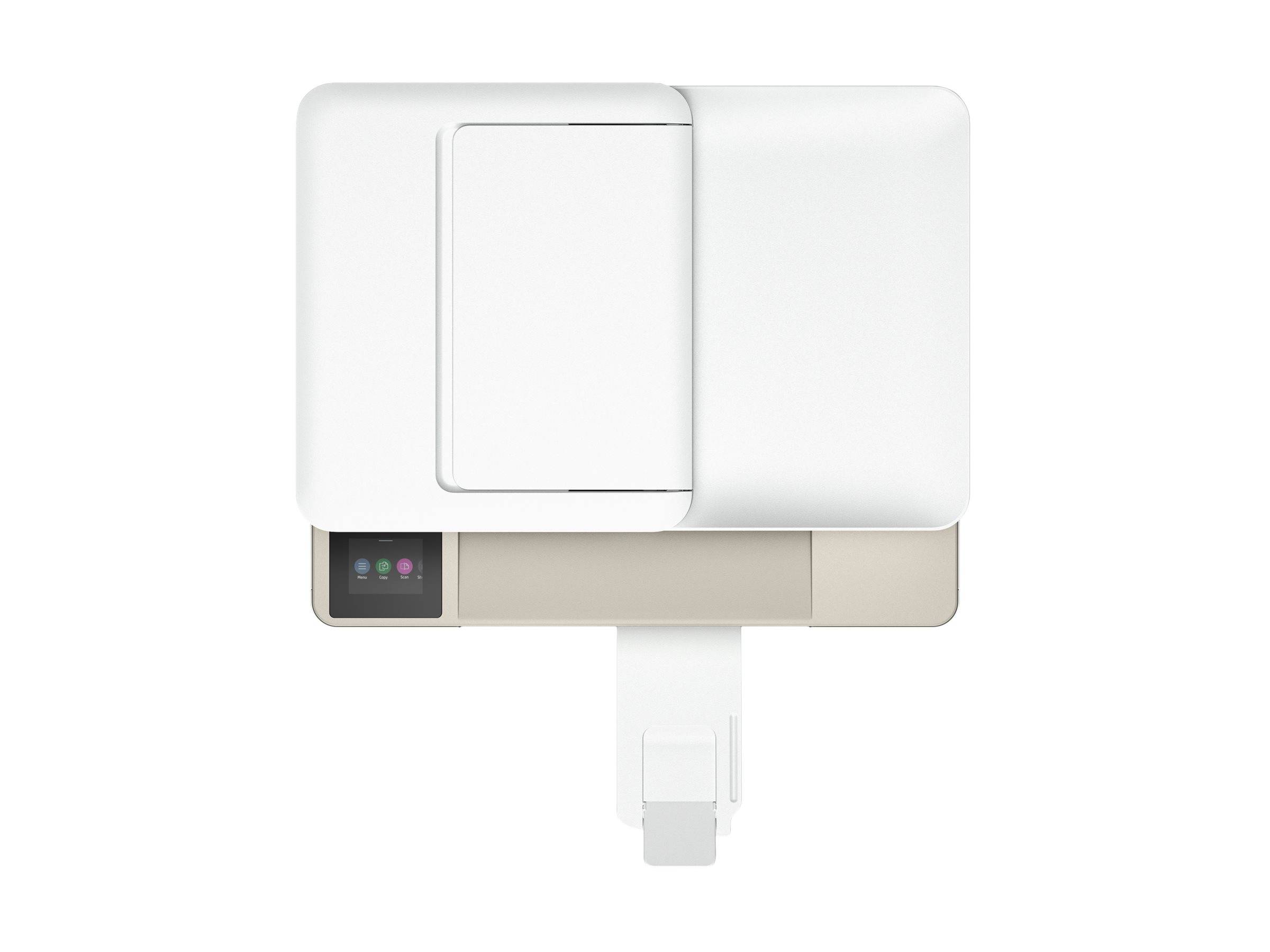 Draufsicht eines weißen Multifunktionsdruckers mit einer beigen Bedienblende und einem kleinen Touchscreen.