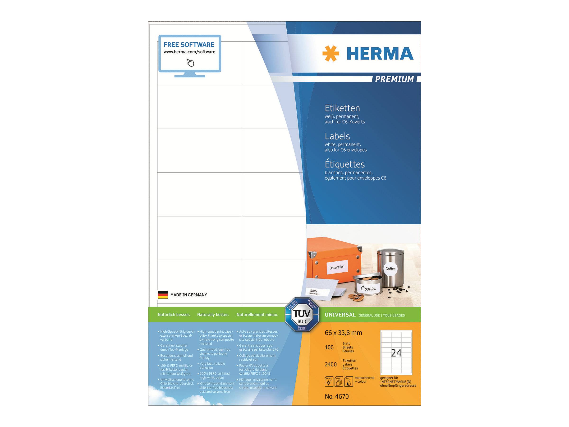Packung mit HERMA Premium-Universal-Etiketten zum Bedrucken, mit 24 Etiketten pro Blatt und vermerkte Softwarekompatibilität