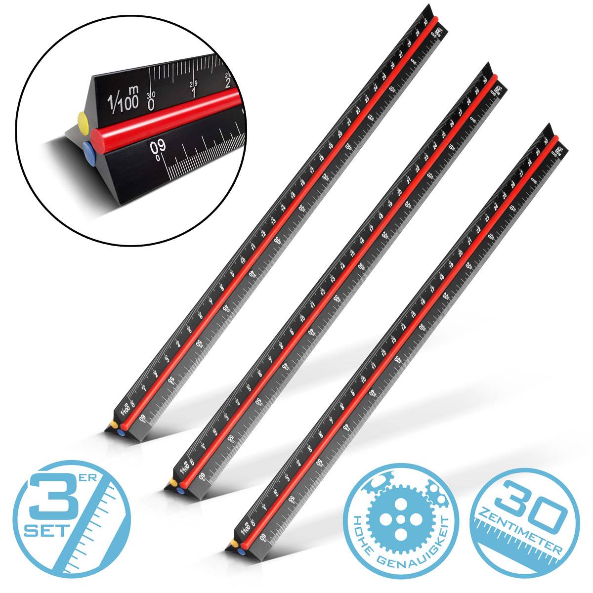 STAHLWERK Dreikant-Lineal 3er Set 30 cm mit metrischen Skalen Architekten-Lineal
