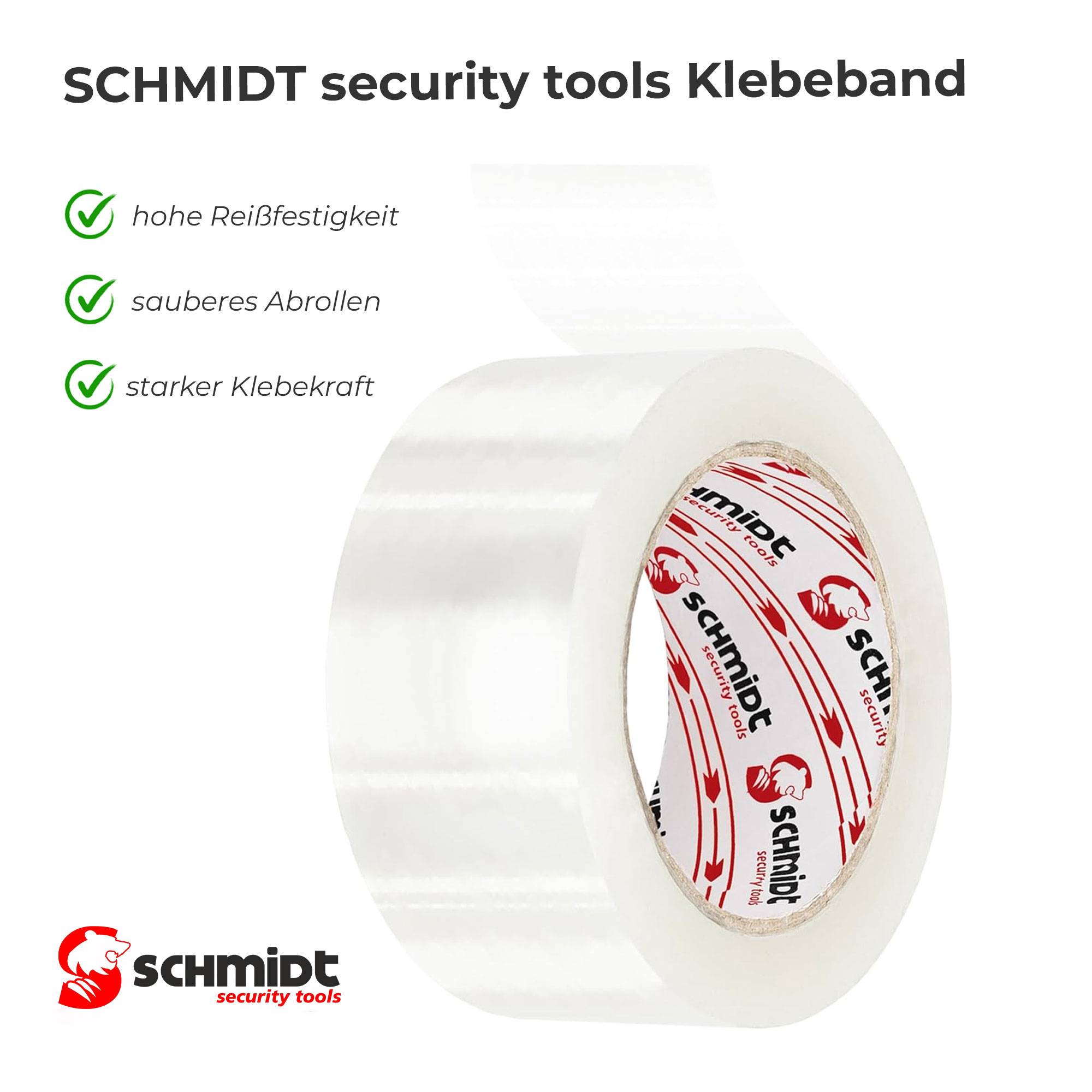 Produktbild einer Schmidt Sicherheitswerkzeuge Klebeband-Rolle mit deutschem Text, der hohe Reißfestigkeit, sauberes Abwickeln und starke Haftkraft hervorhebt.