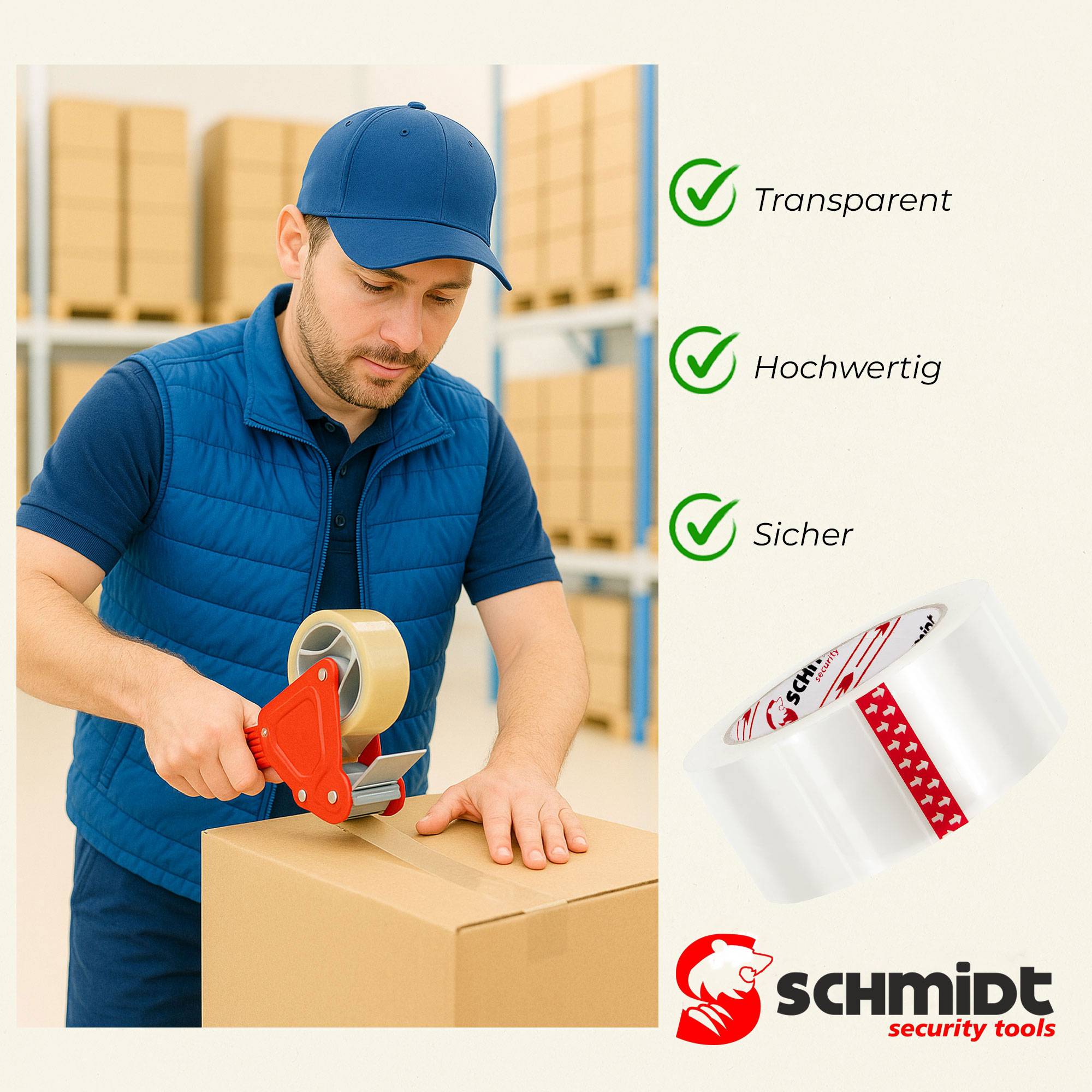 Lagerarbeiter versiegelt einen Karton mit Packband; Seitentext hebt 