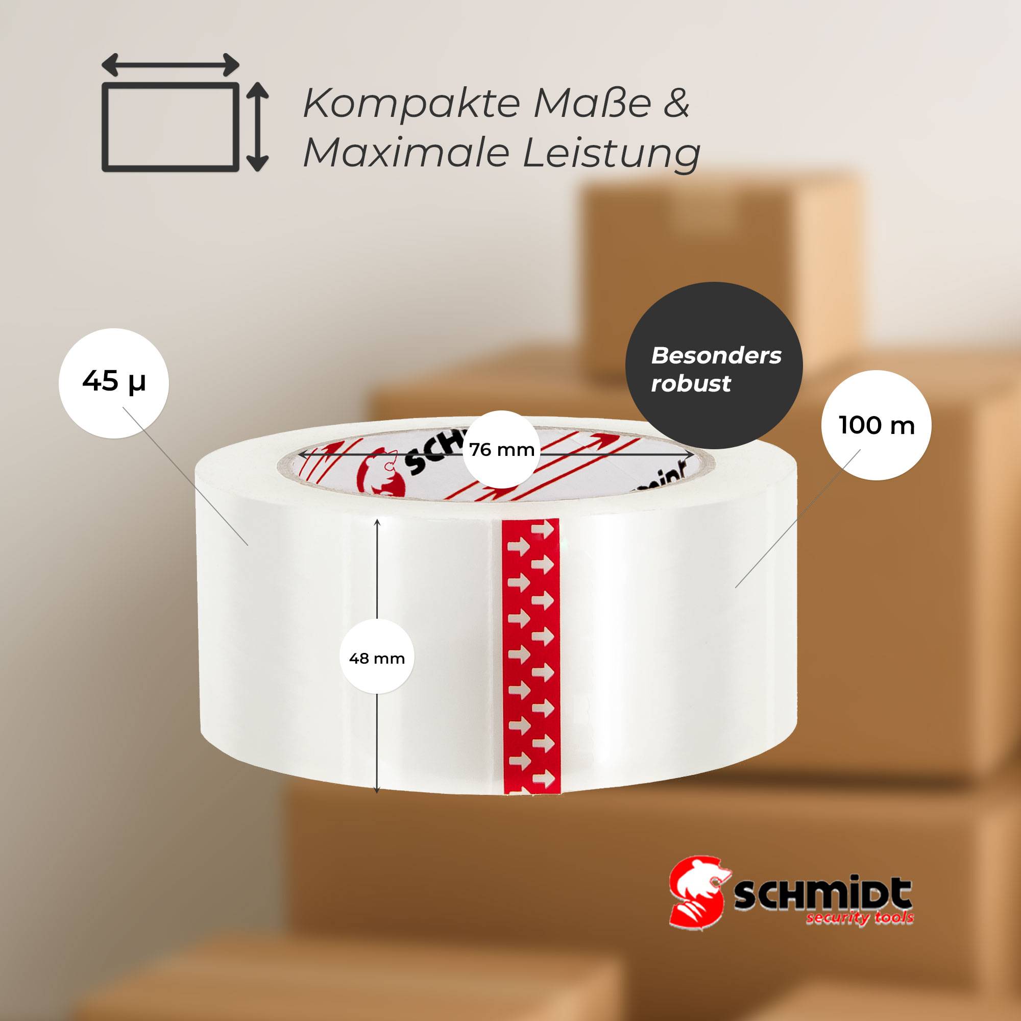 SCHMIDT security tools Klebeband - 100m - 48mm - 6 Rollen - 45my - Verpacken - Transparent - Packband - Paketklebeband - Packetband