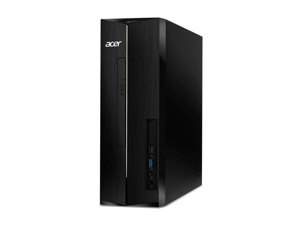 Ein schwarzer Acer-Desktop-Computerturm mit vorderen USB-Anschlüssen und einem Diskettenlaufwerk, aus einem leicht geneigten Blickwinkel gesehen.