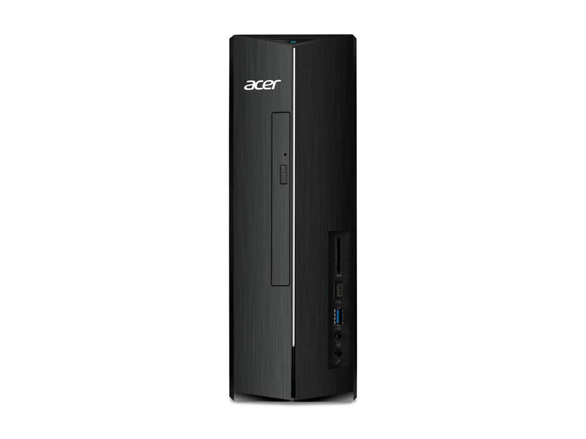 Schwarzer Acer-Desktop-Computerturm, von vorne gezeigt, mit schlankem Design und sichtbaren USB-Anschlüssen und Einschaltknopf.
