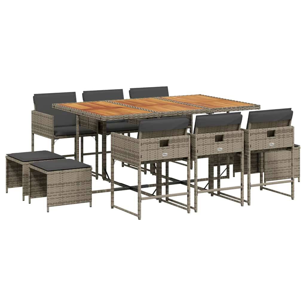 vidaXL 11-tlg. Garten-Essgruppe mit Kissen Grau Poly Rattan