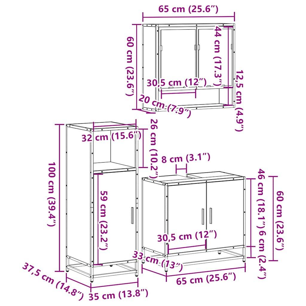 vidaXL 3-tlg. Badmöbel-Set Räuchereiche Holzwerkstoff