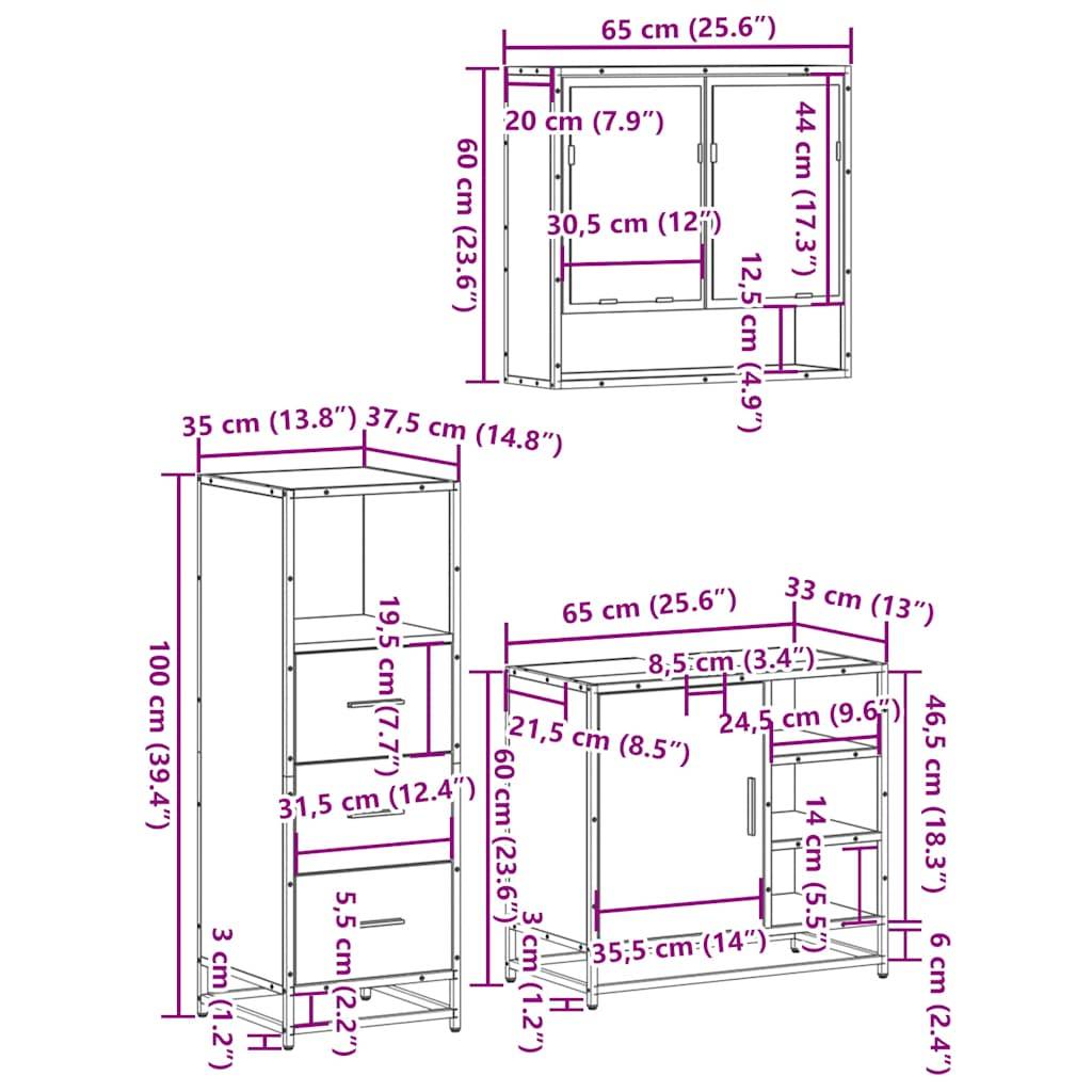 vidaXL 3-tlg. Badmöbel-Set Grau Sonoma Holzwerkstoff