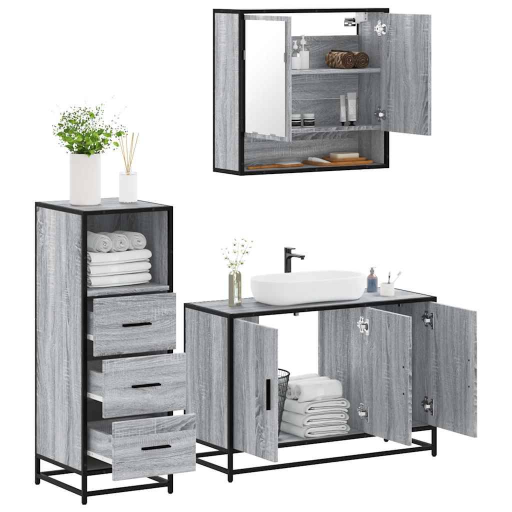 vidaXL 3-tlg. Badmöbel-Set Grau Sonoma Holzwerkstoff