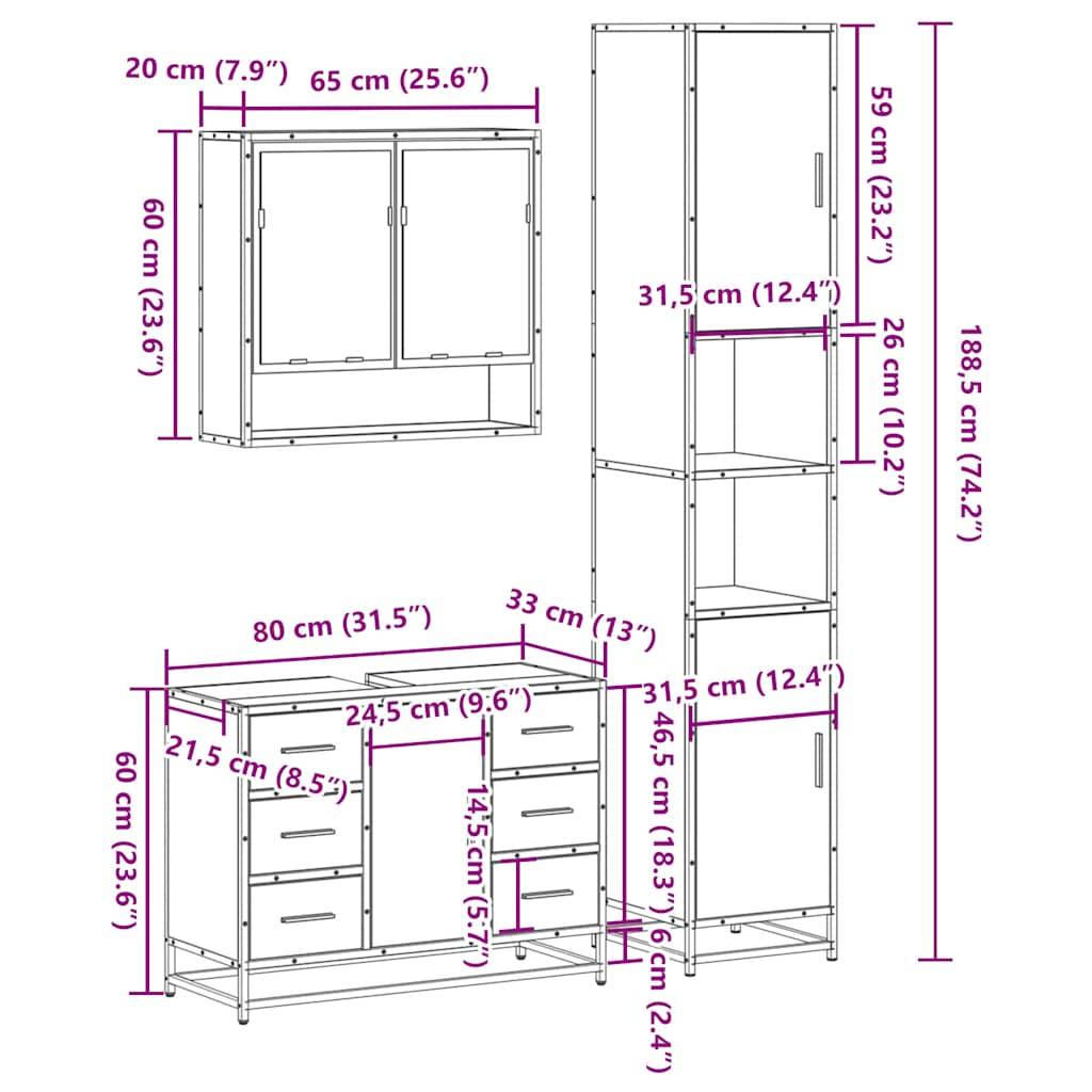 vidaXL 3-tlg. Badmöbel-Set Räuchereiche Holzwerkstoff