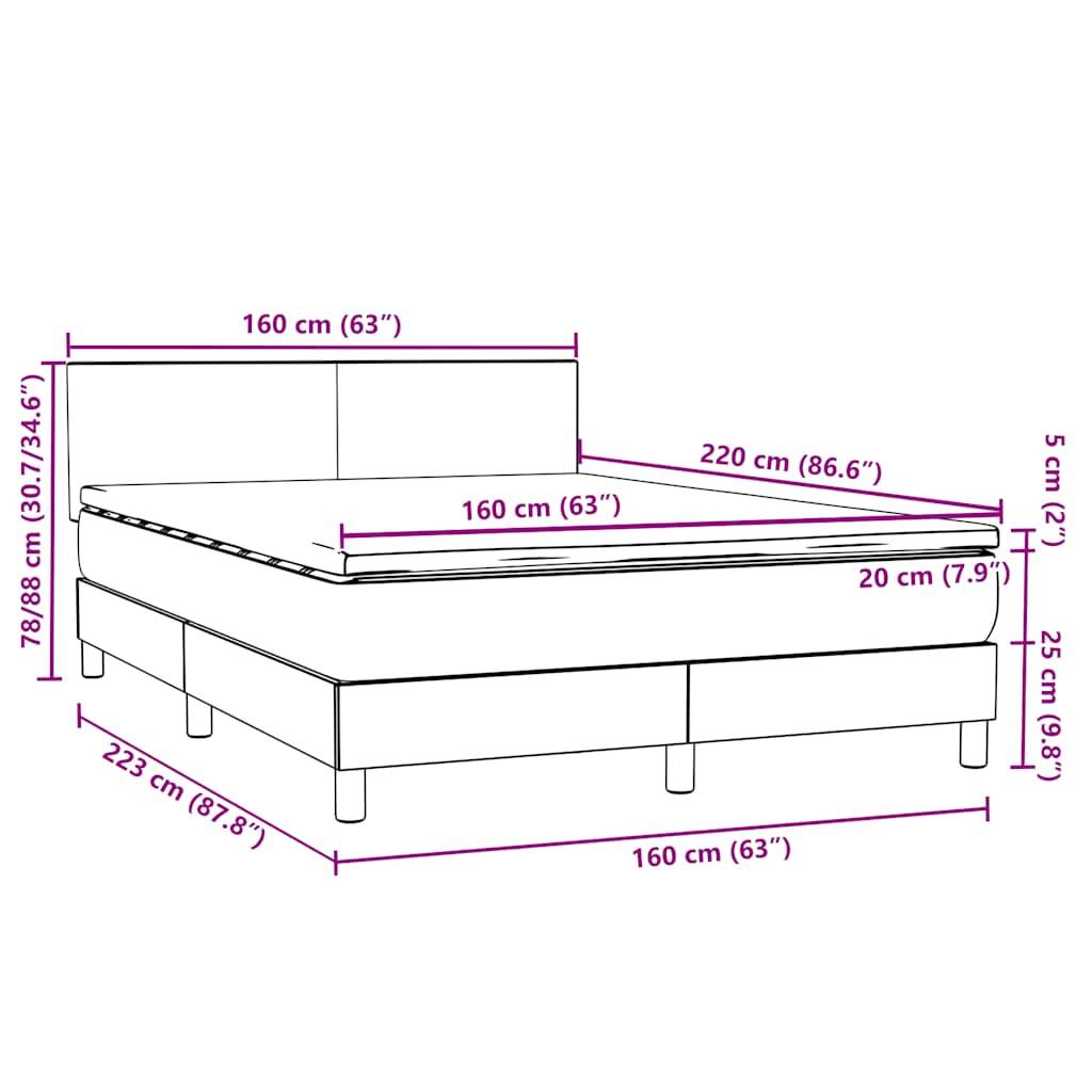 vidaXL Boxspringbett mit Matratze Hellgrau 160x220 cm Samt