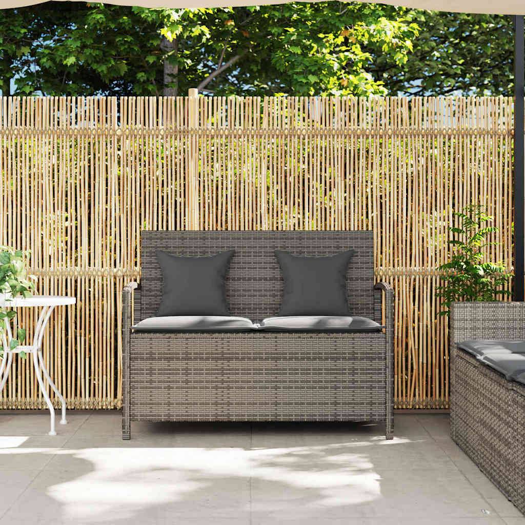 vidaXL Gartenbank mit Stauraum und Kissen Grau Poly Rattan