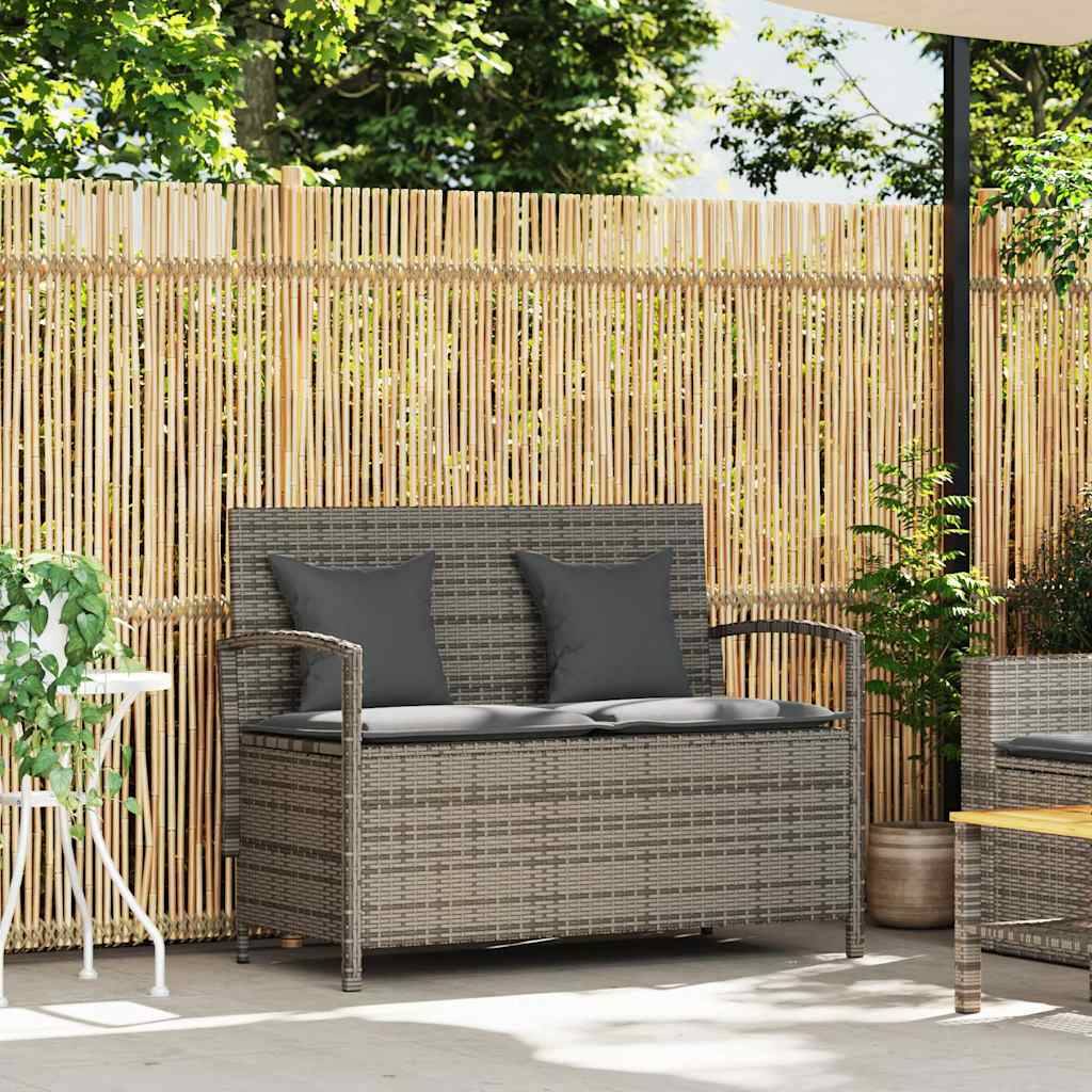 vidaXL Gartenbank mit Stauraum und Kissen Grau Poly Rattan
